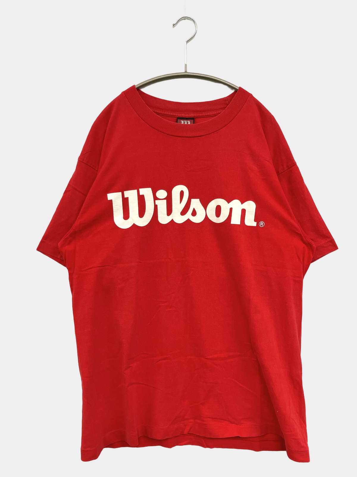 【中古】Wilson ウィルソン Tシャツ/カットソー レッド 前面プリント ブランドロゴ ミドル丈 ロング丈 半袖 クルーネック(丸首) メンズ レディース