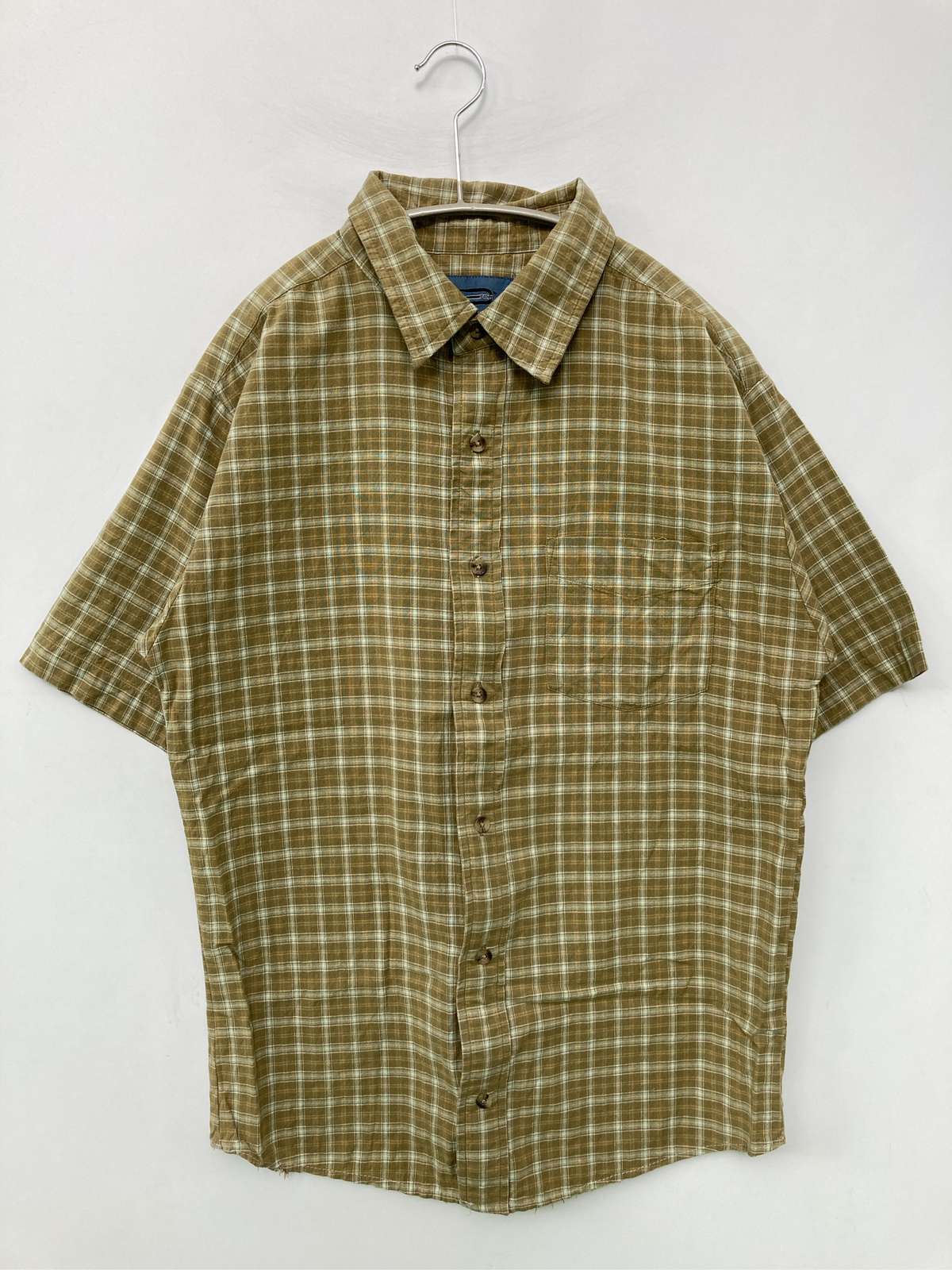 【中古】DOCKERS ドッカーズ シャツ/ブラウス XL カーキ チェック柄 ブランドロゴ ミドル丈 半袖 レギュラーカラー メンズ ブランド古着