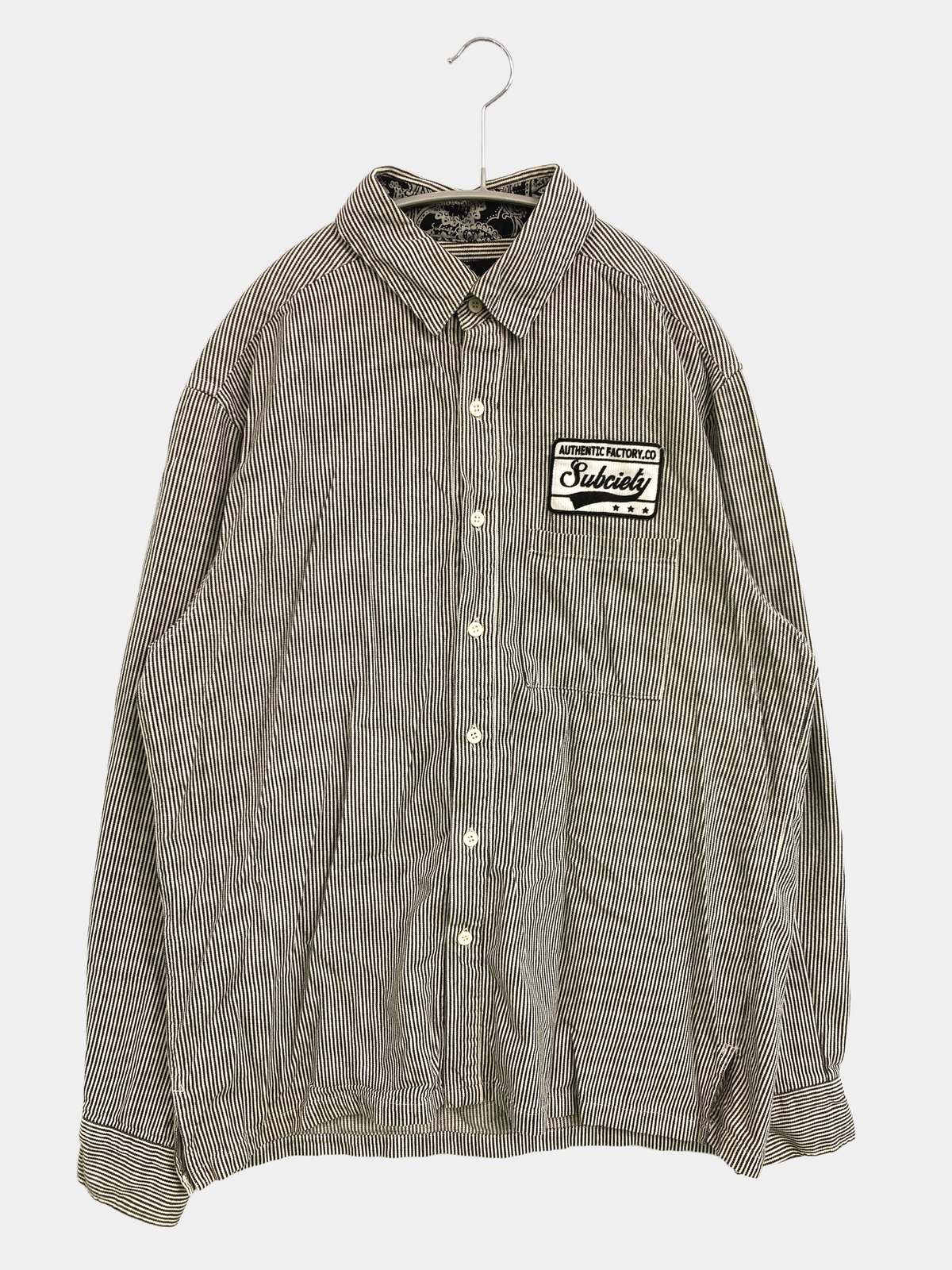 【中古】Subciety サブサエティ シャツ/ブラウス L グレー コットン ストライプ柄 ミドル丈 長袖 レギュラーカラー メンズ