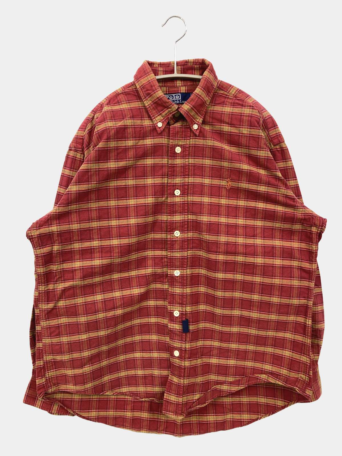 【中古】Polo by Ralph Lauren ポロバイラルフローレン シャツ/ブラウス M レッド チェック柄 ワンポイント ブランドロゴ ミドル丈 長袖 ボタンダウン レギュラーカラー メンズ