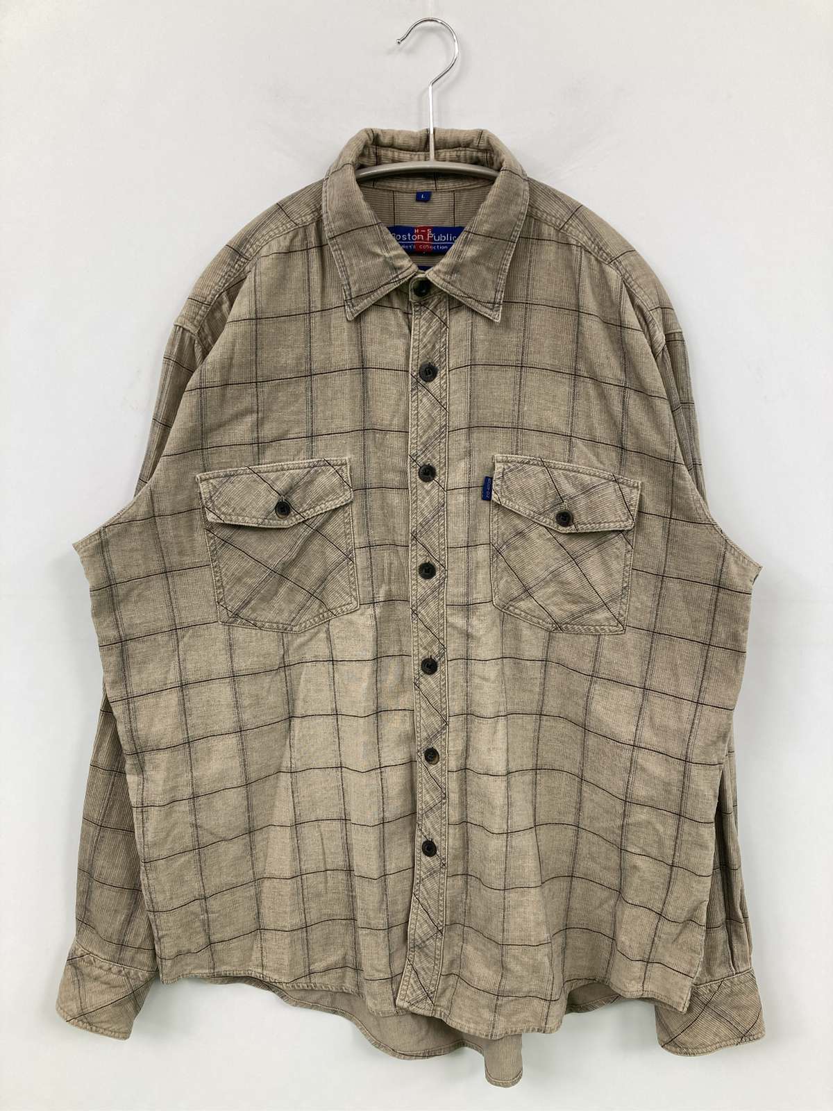 BOSTON PROPER シャツ/ブラウス L ベージュ コットン チェック柄 ブランドロゴ 長袖 レギュラーカラー メンズ