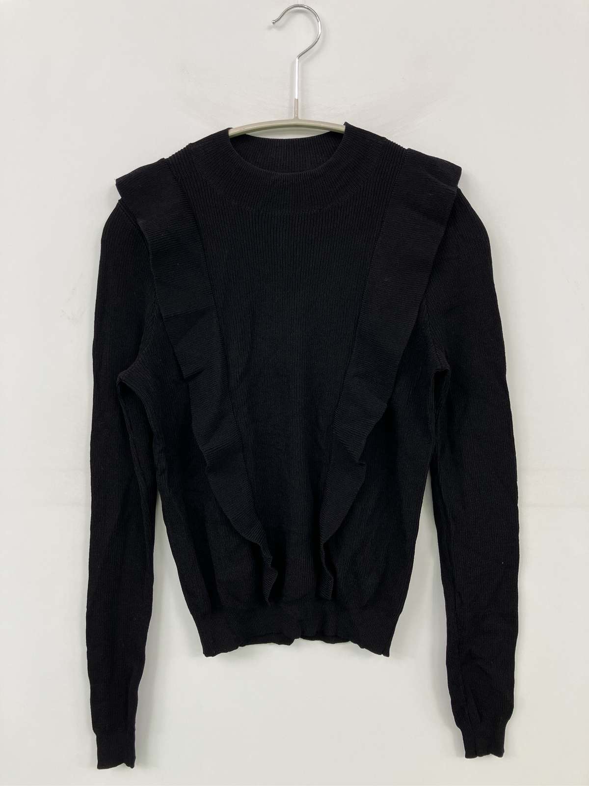 【中古】ZARA ザラ ニット/セーター S ブラック ウール・ニット 無地 フリル ミドル丈 長袖 クルーネック(丸首) レディース