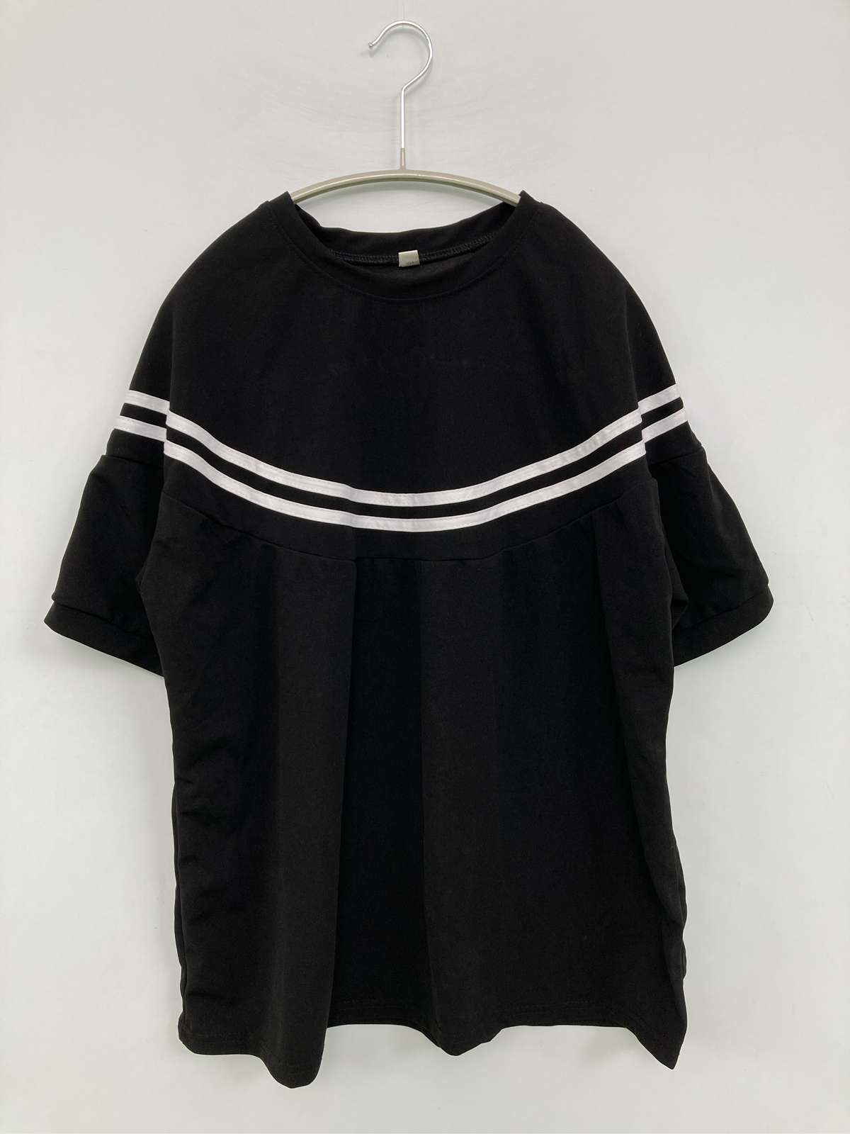 乐天商城 - 【中古】Tシャツ/カットソー 5 ブラック 無地 ライン柄 ロング丈 半袖 クルーネック(丸首) レディース
