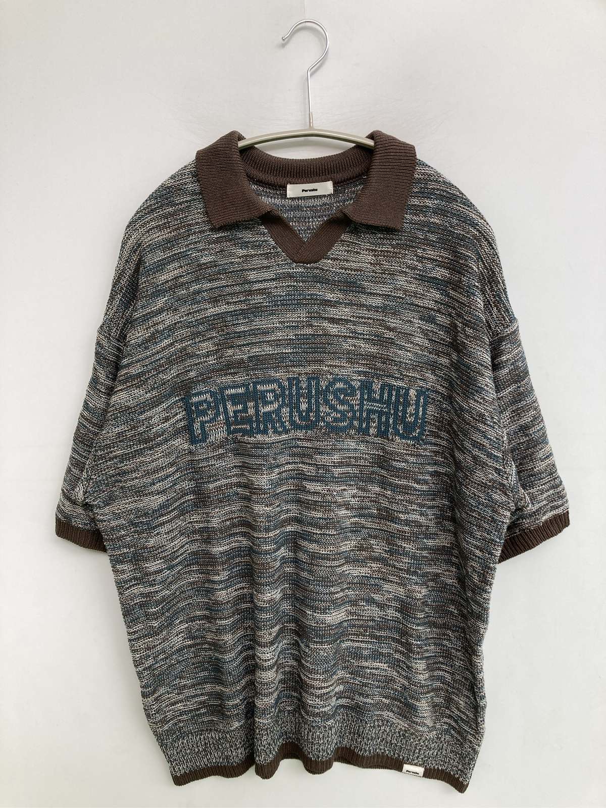 【中古】Perushu ペルーシュ ニット/セーター L ニット ブランドロゴ その他総柄 ミドル丈 半袖 Vネック メンズ レディース