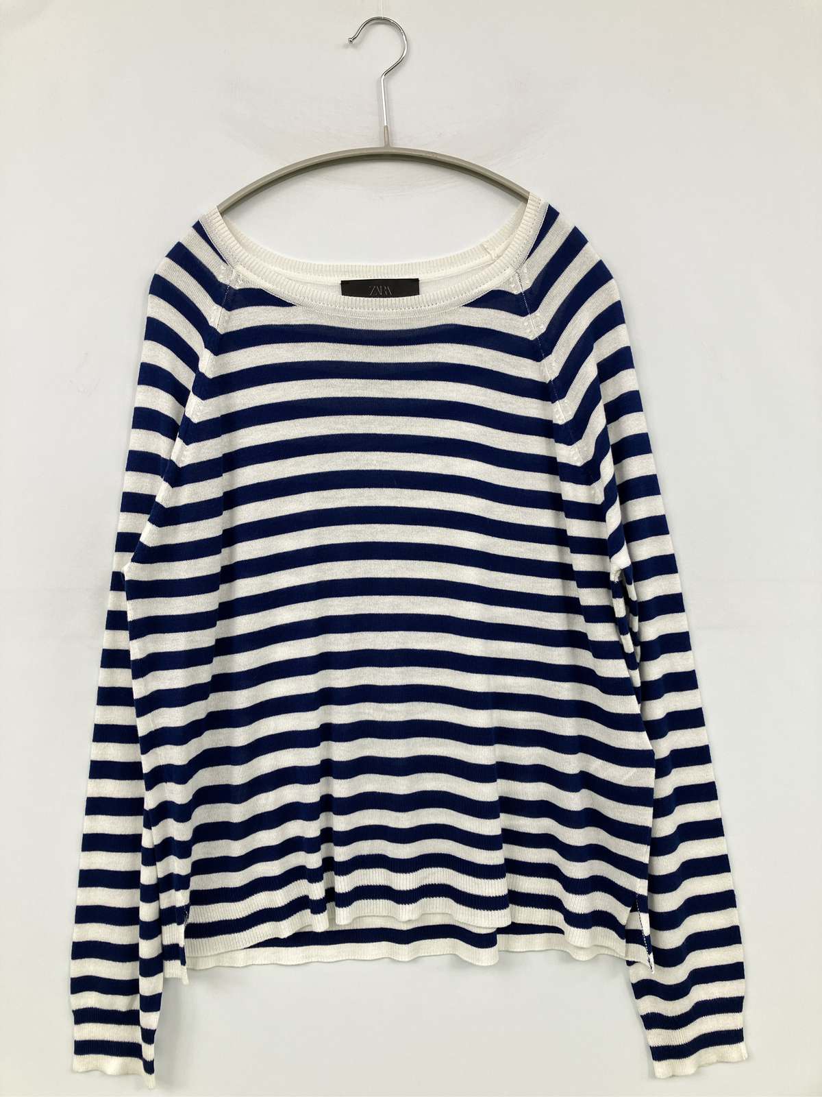【中古】ZARA ザラ ニット/セーター USA S ネイビー ニット ボーダー柄 ミドル丈 長袖 ボートネック レディース