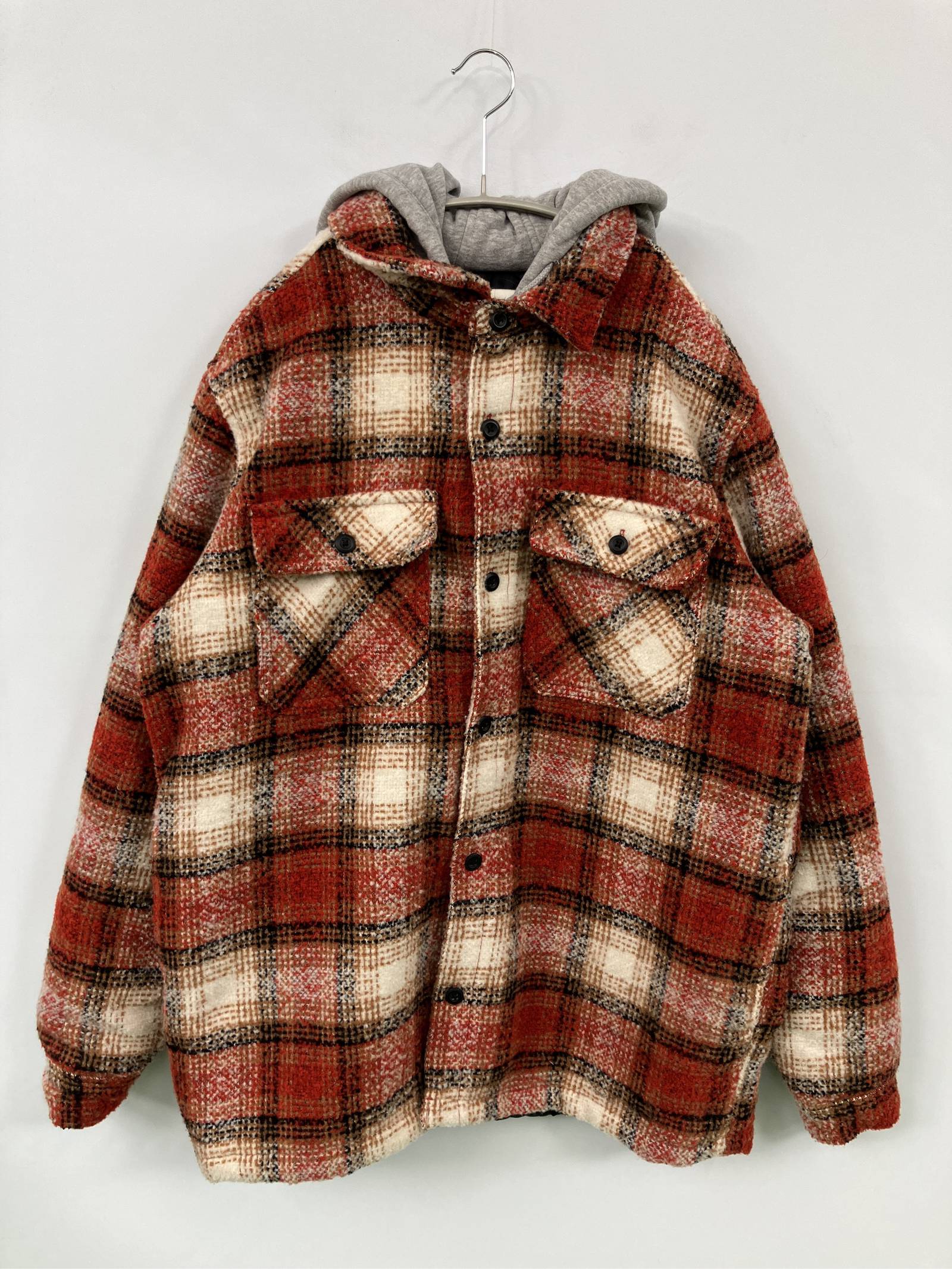 Rakuten - 【中古】ZARA ザラ ブルゾン USA M レッド ツイード チェック柄 キルティング ミドル丈 フードあり ボタン留め メンズ