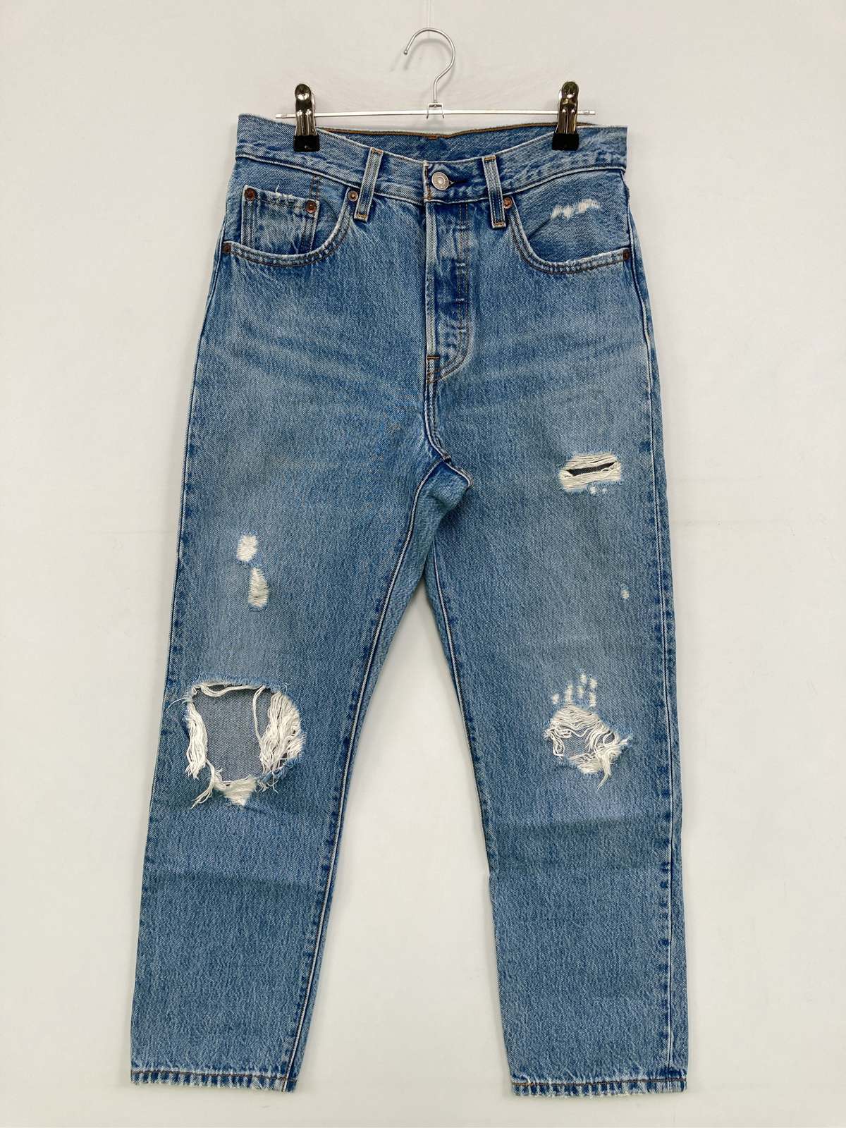 【中古】LEVI STRAUSS & CO. リーバイストラウスアンドカンパニー デニムパンツ W25 L26 ブルー フルレングス 無地 ワンポイント スタンダード テーパード ストレート レギュラー クラッシュ・ダメージ ヴィンテージ レディース