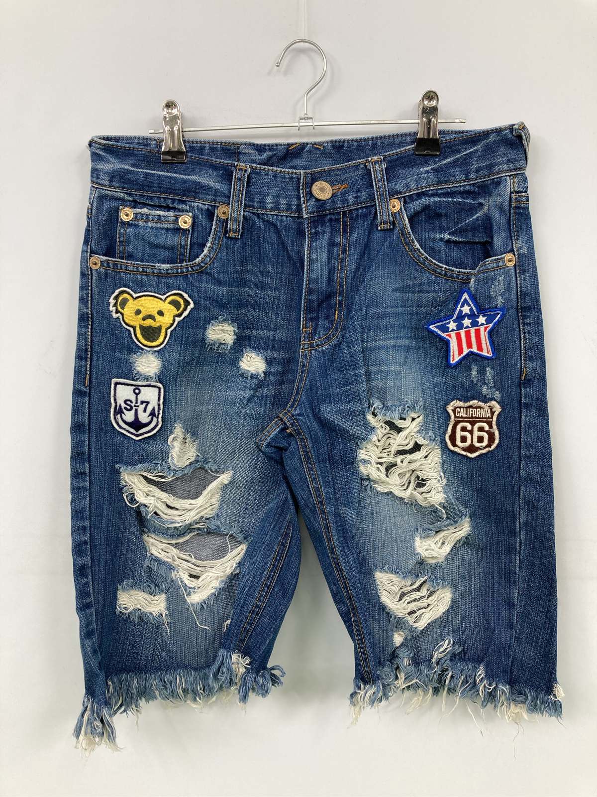 【中古】BUZZ SPUNKY デニムパンツ M ブルー ヴィンテージ クラッシュ・ダメージ スタンダード ワンポイント ブランドロゴ ハーフ・ひ..