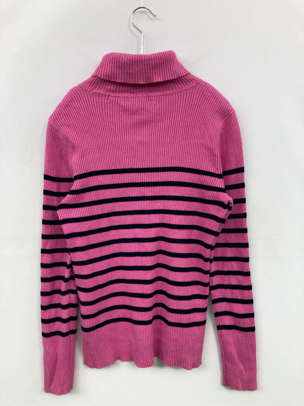 【中古】Ralph Lauren ラルフローレン ニット/セーター M ピンク コットン ボーダー柄 ミドル丈 長袖 タートルネック/ハイネック レディース