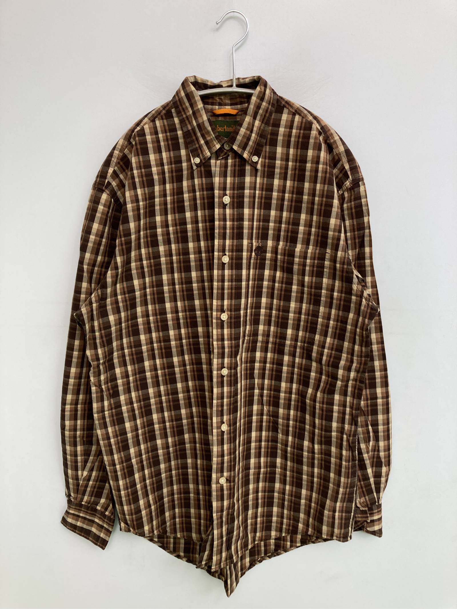 Rakuten - 【中古】Timberland ティンバーランド シャツ/ブラウス XS ブラウン コットン チェック柄 ブランドロゴ 長袖 ミドル丈 ボタンダウン メンズ
