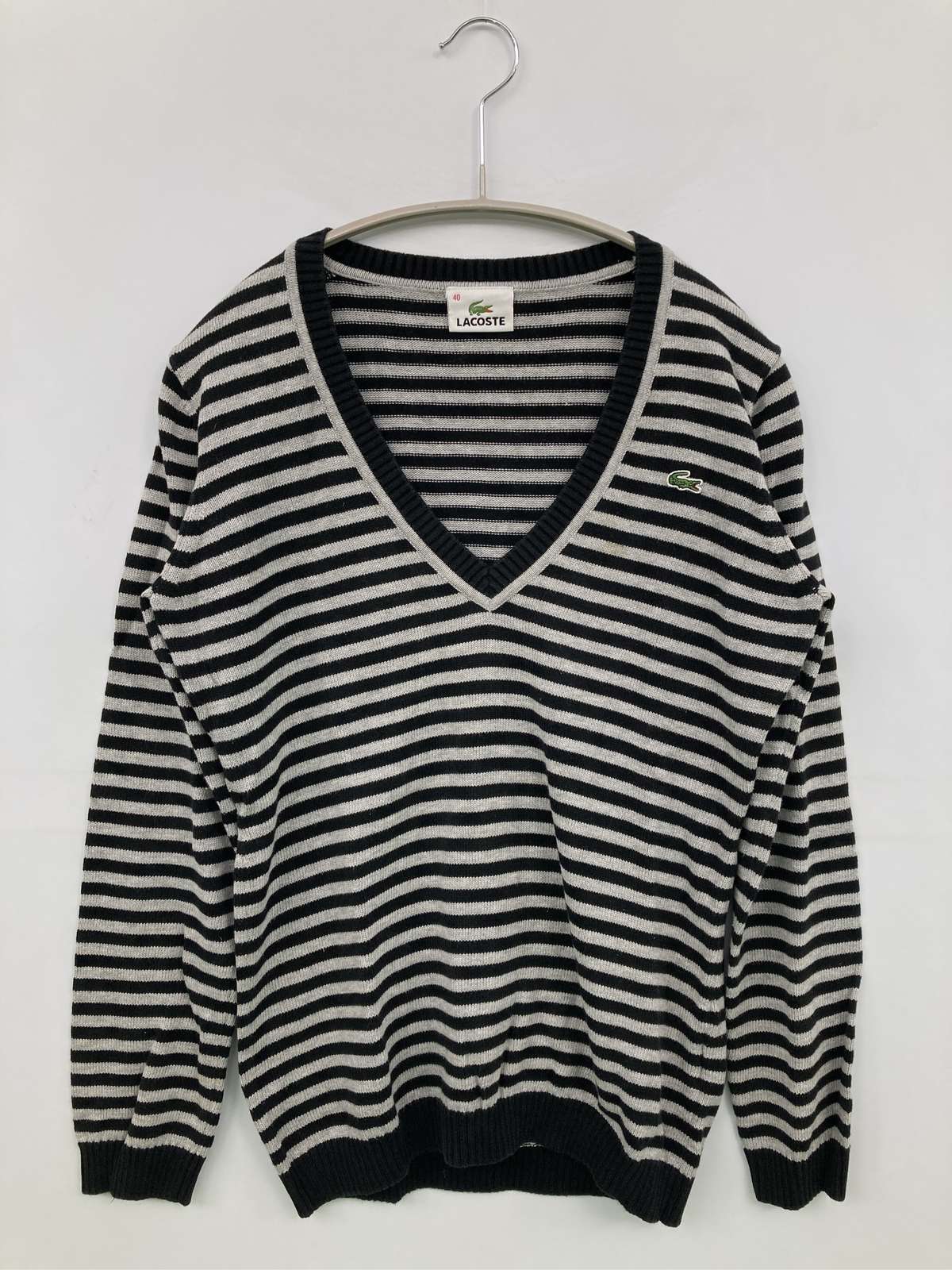 【中古】LACOSTE ラコステ ニット/セーター 40 ブラック コットン ニット ボーダー柄 ワンポイント ミ...