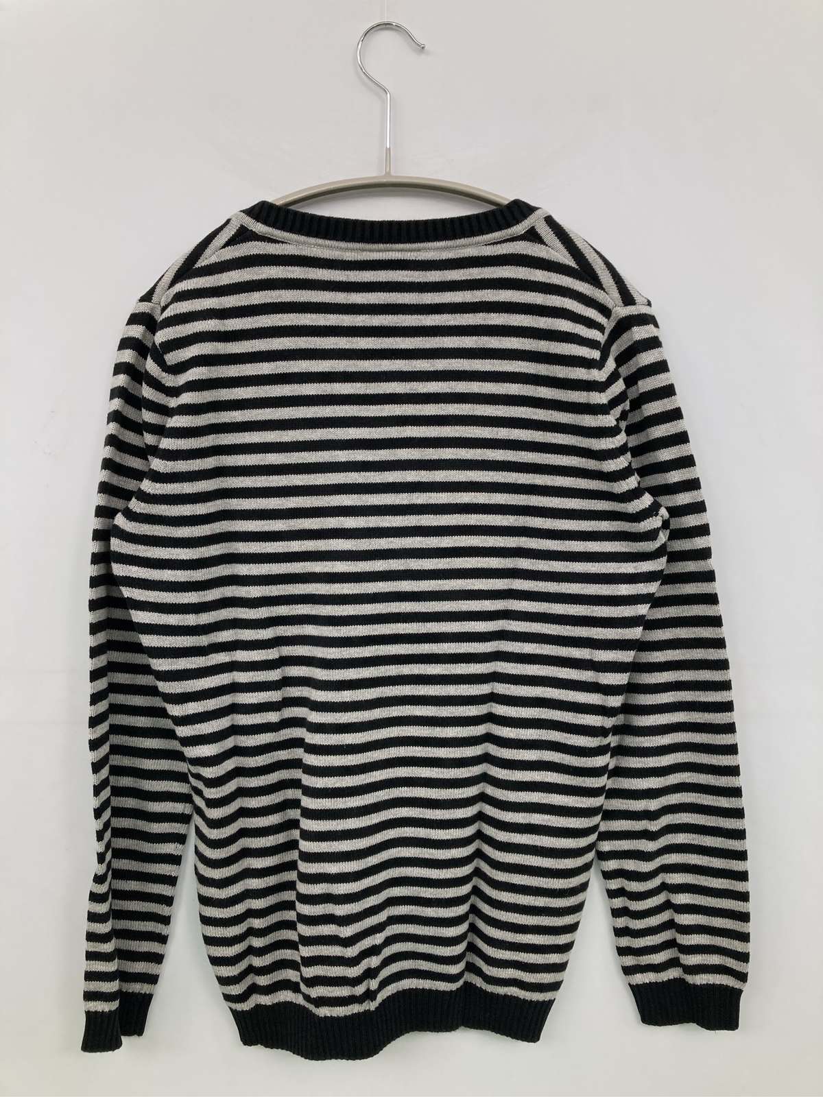 【中古】LACOSTE ラコステ ニット/セーター 40 ブラック コットン ニット ボーダー柄 ワンポイント ミドル丈 Vネック 長袖 レディース