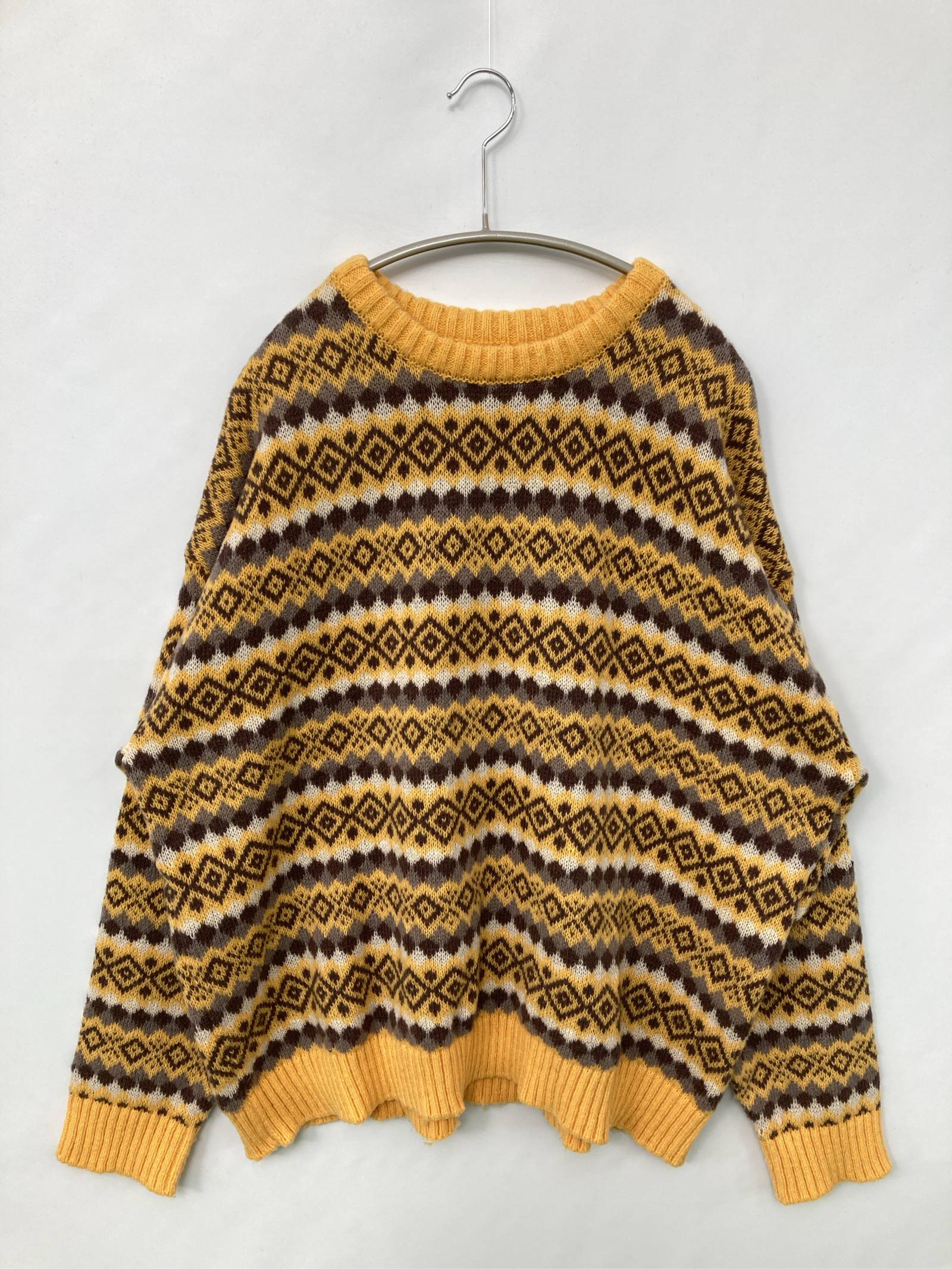 Rakuten - 【中古】Cathy's closet キャシーズクローゼット ニット/セーター L イエロー ニット その他総柄 ミドル丈 長袖 クルーネック(丸首) メンズ レディース