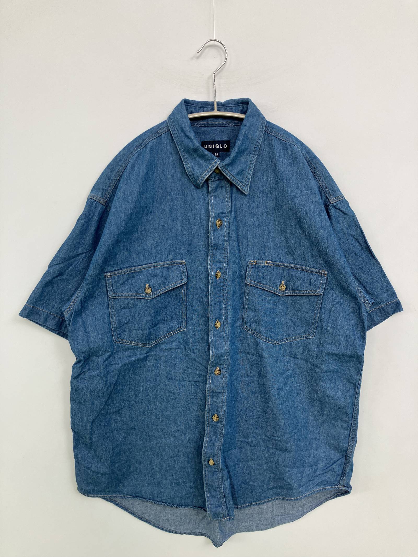 短袖 - 【中古】UNIQLO ユニクロ シャツ/ブラウス M ブルー デニム コットン 無地 ミドル丈 半袖 レギュラーカラー メンズ