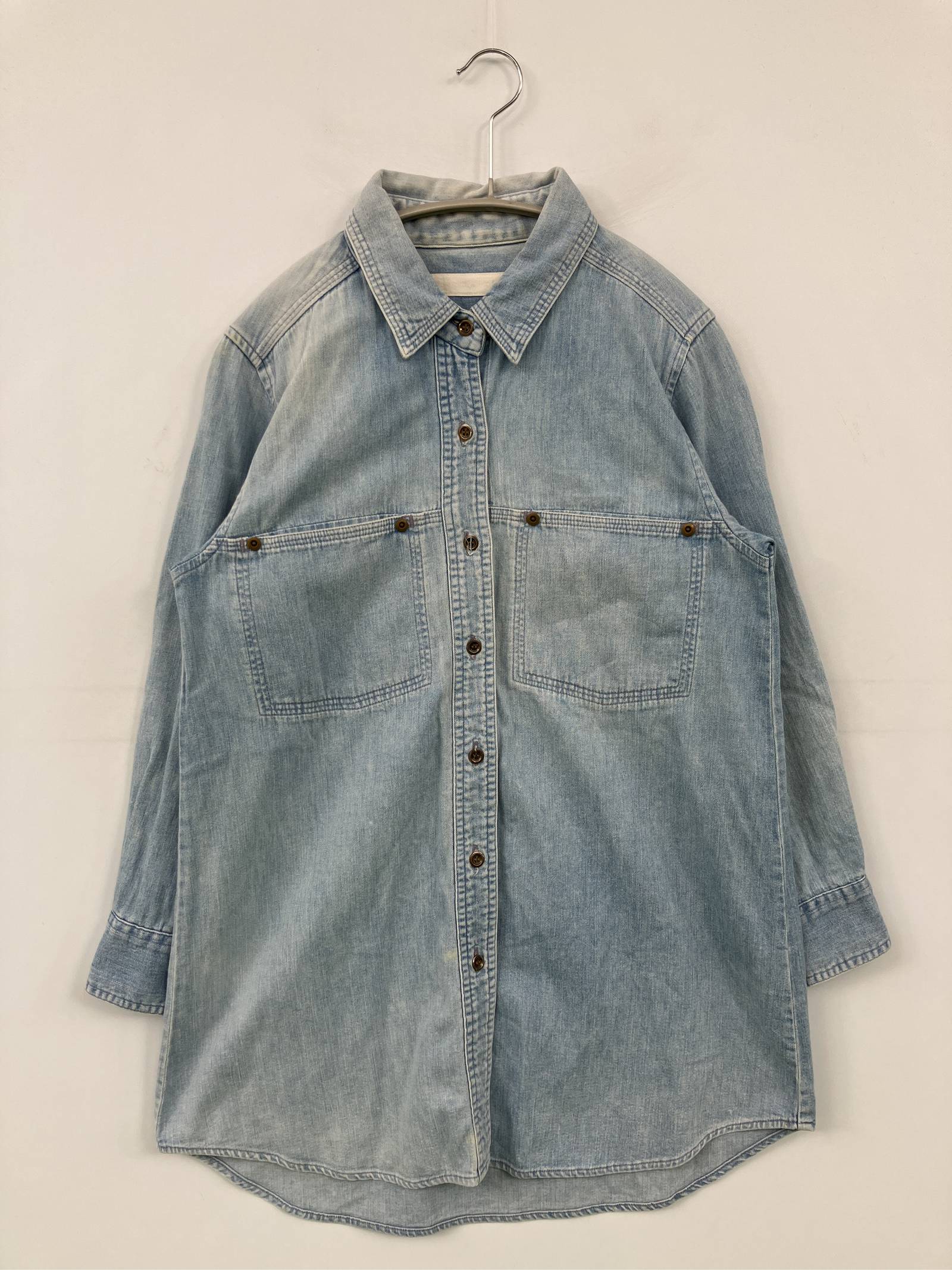 Rakuten - 【中古】シャツ/ブラウス S ブルー デニム コットン 無地 ミドル丈 長袖 レギュラーカラー レディース