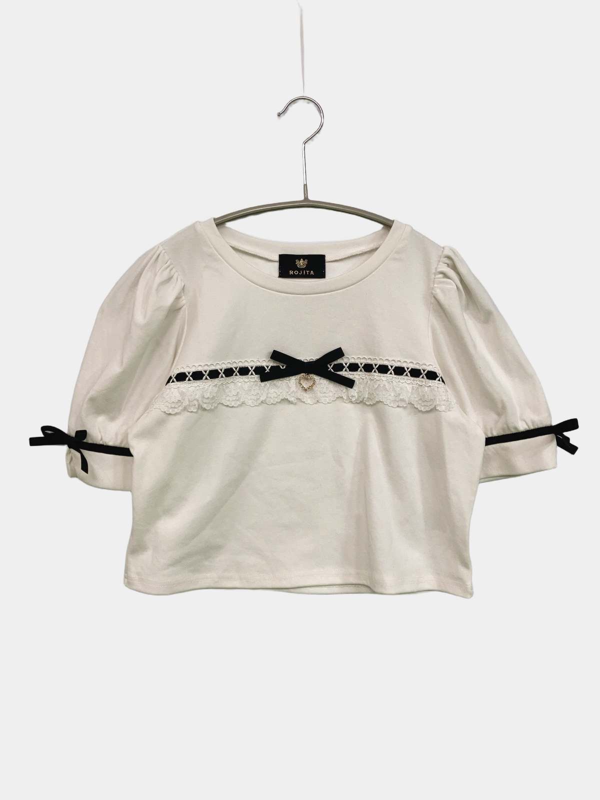 【中古】ROJITA ロジータ Tシャツ/カットソー F ホワイト 無地 レース リボン ショート丈 半袖 クルーネック(丸首) レディース ブランド古着 送料無料