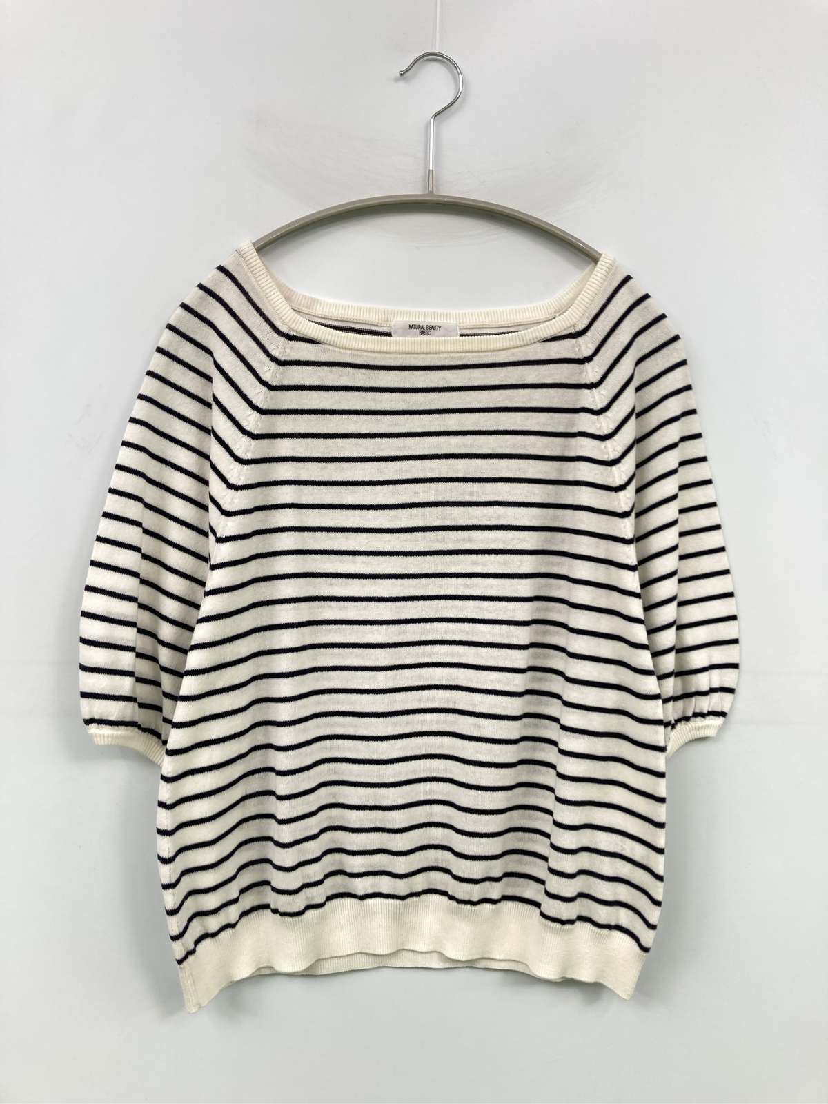 【中古】NATURAL BEAUTY BASIC ナチュラルビューティーベーシック ニット/セーター M アイボリー コットン ニット ボーダー柄 ミドル丈 半端袖 スクエアネック ボートネック レディース