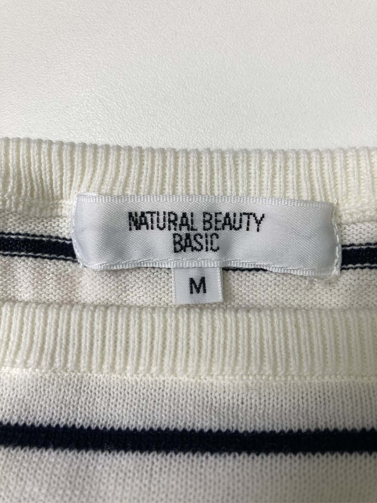 digdig 楽天市場店の【中古】NATURAL BEAUTY BASIC ナチュラルビューティーベーシック ニット/セーター M アイボリー コットン ニット ボーダー柄 ミドル丈 半端袖 スクエアネック ボートネック レディース｜アングル3