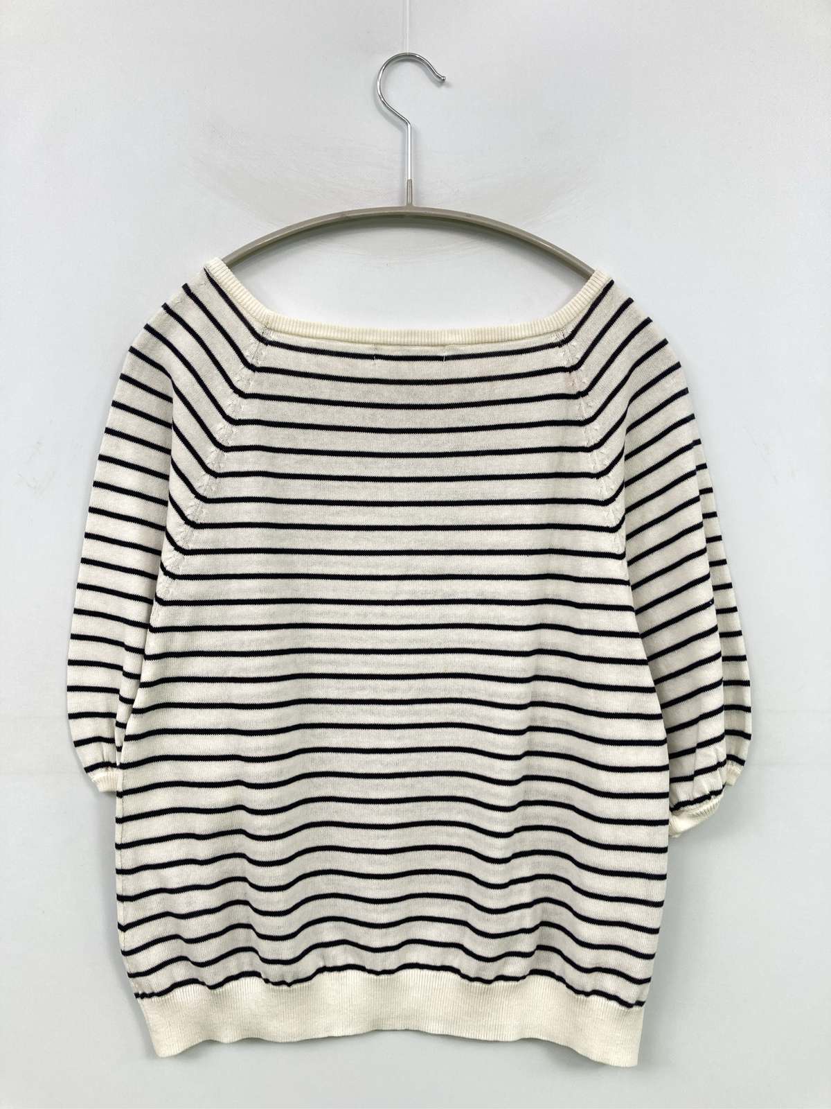 digdig 楽天市場店の【中古】NATURAL BEAUTY BASIC ナチュラルビューティーベーシック ニット/セーター M アイボリー コットン ニット ボーダー柄 ミドル丈 半端袖 スクエアネック ボートネック レディース｜アングル2