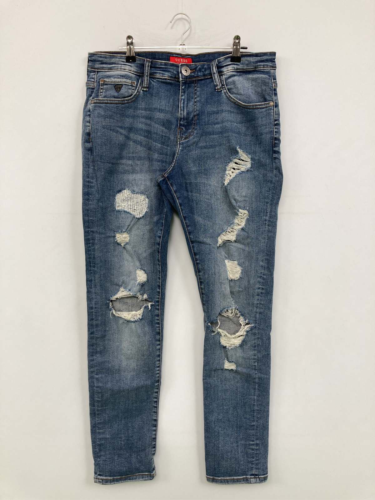 【中古】GUESS ゲス デニムパンツ EU 42 ブルー フルレングス 無地 スタンダード ストレート レギュラー ヴィンテージ クラッシュ・ダメージ メンズ