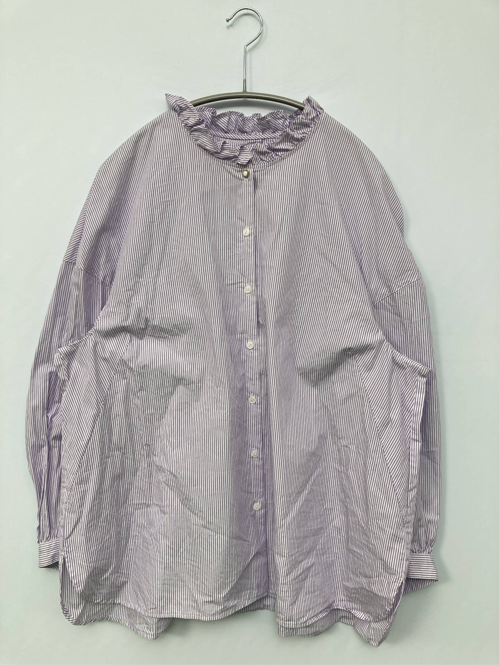Rakuten - 【中古】leilian シャツ/ブラウス パープル コットン ストライプ柄 ミドル丈 長袖 スタンドカラー レディース