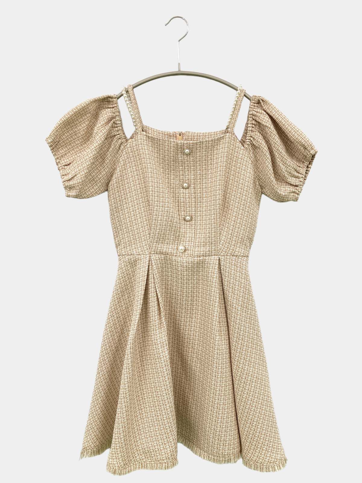 【中古】michell Macaron ワンピース XS ベージュ チェック柄 半袖 ショート・ミニ丈 フレア レディース