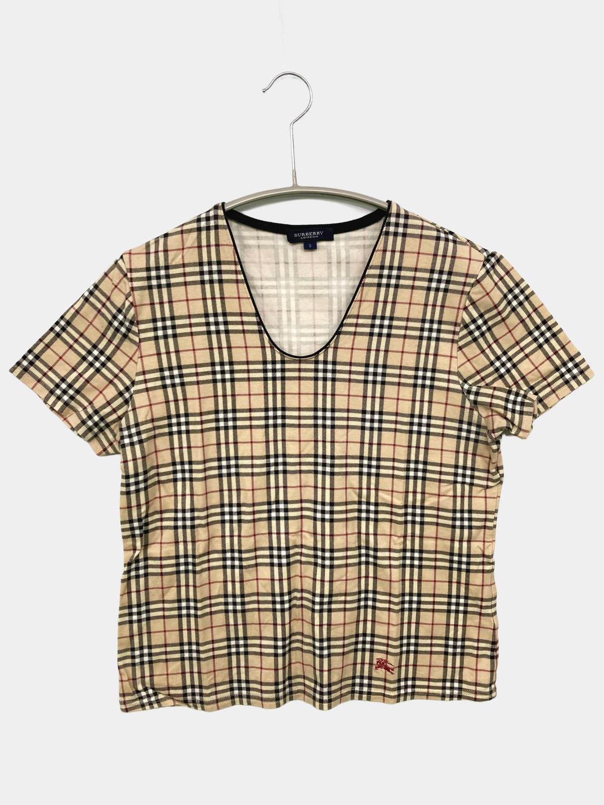 【中古】BURBERRY バーバリー Tシャツ/カットソー 2 ベージュ チェック柄 ショート丈 ワンポイント ブランドロゴ 半袖 Uネック レディース ブランド古着 送料無料