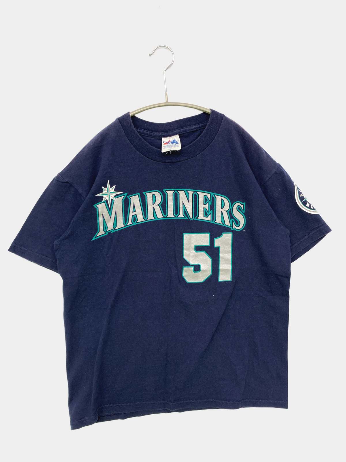 【中古】Majestic マジェスティック Tシャツ/カットソー L ネイビー 無地 前面プリント バックプリント ミドル丈 半袖 クルーネック(丸首) メンズ