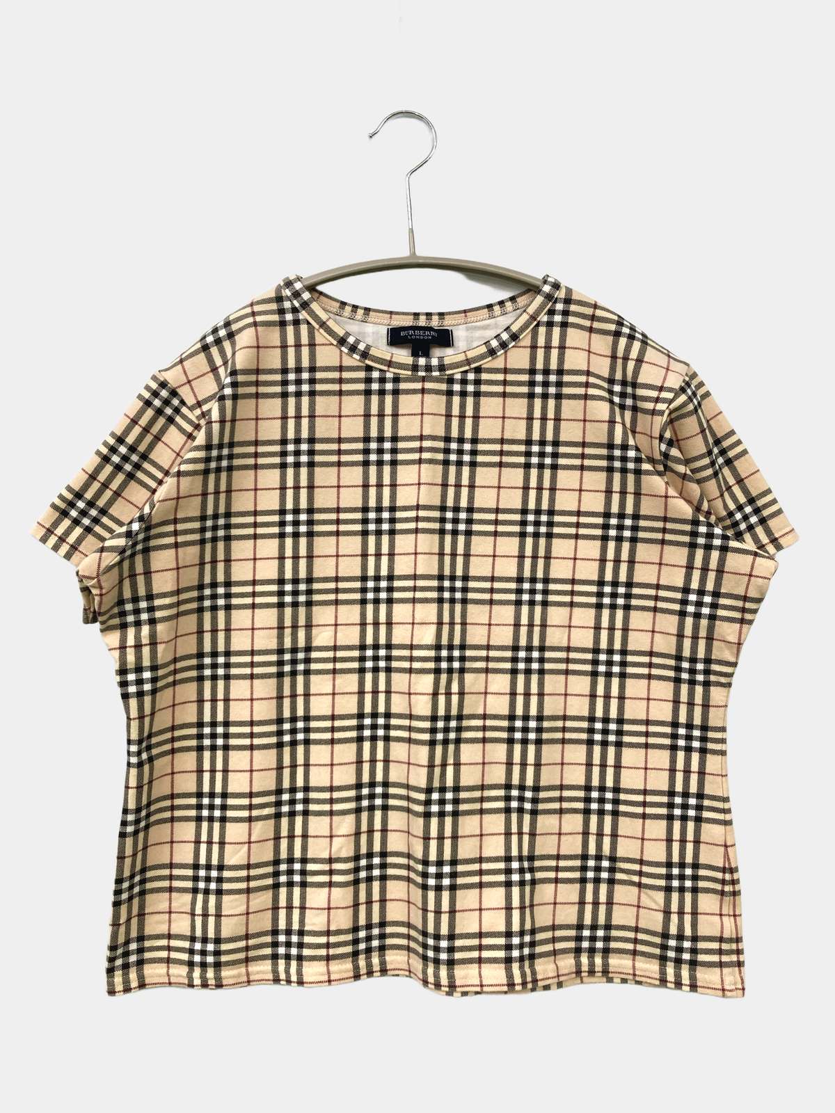 【中古】BURBERRY バーバリー Tシャツ/カットソー L ベージュ チェック柄 半袖 ショート丈 クルーネック(丸首) レディース