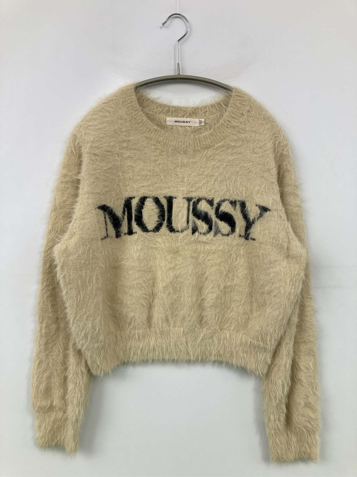 【中古】MOUSSY マウジー ニット/セーター F ベージュ ナイロン コットン フェイクファー 無地 前面プリント ショート丈 長袖 クルーネック(丸首) レディース