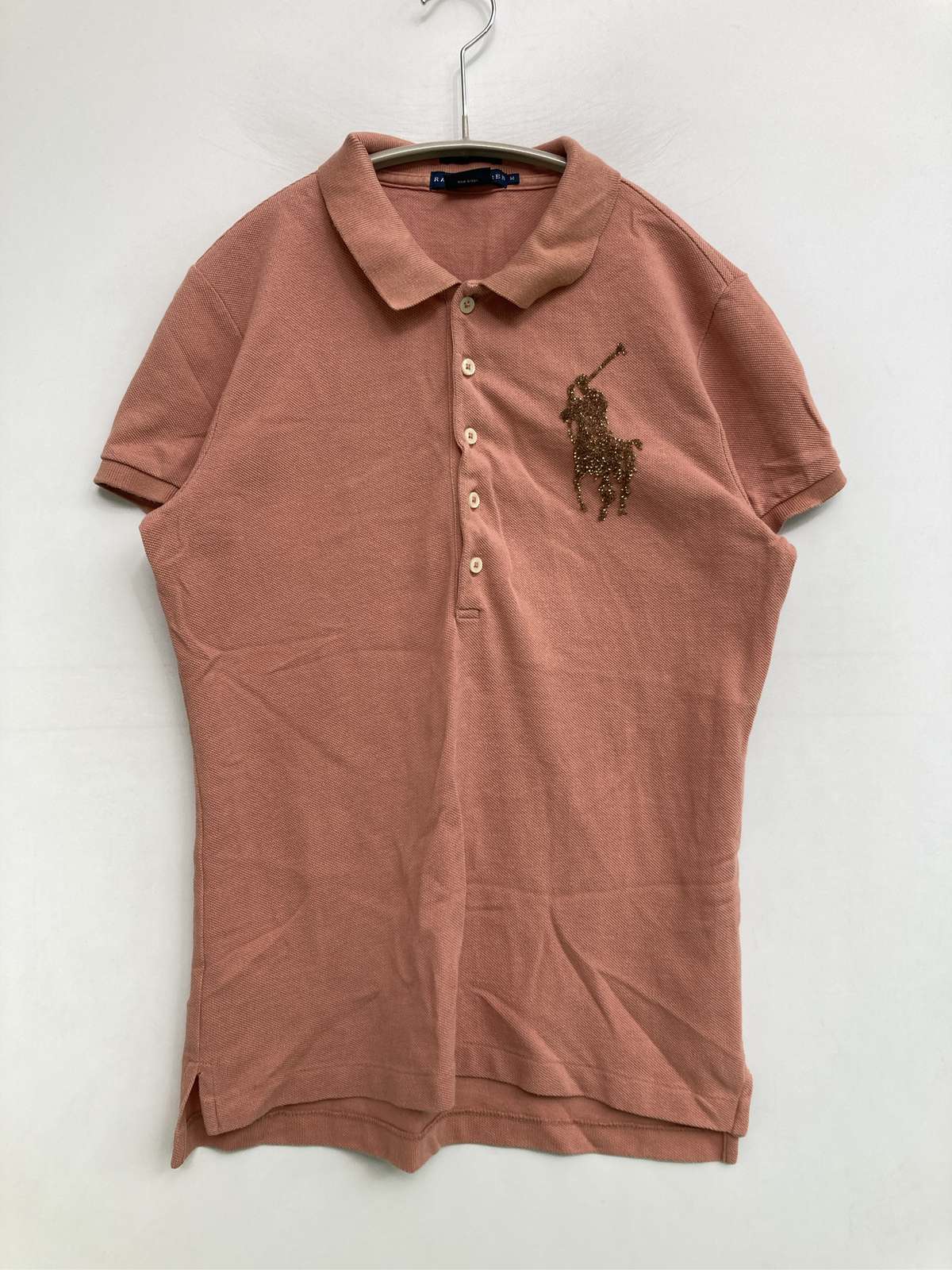 【中古】Ralph Lauren ラルフローレン ポロシャツ M ピンク 無地 ワンポイント ブランドロゴ ビジュー 半袖 レディース