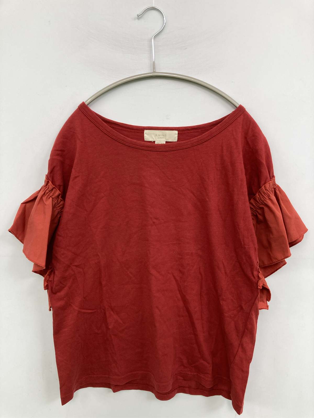 【中古】B:MING ビーミング Tシャツ/カットソー ONE SIZE レッド 無地 フリル ミドル丈 半袖 クルーネック(丸首) レディース