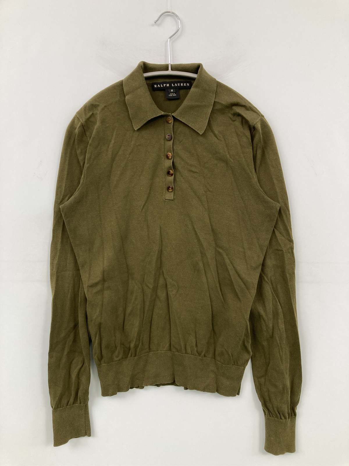 【中古】Ralph Lauren ラルフローレン ニット/セーター M カーキ コットン ナイロン 無地 ミドル丈 長袖 ヘンリーネック レディース