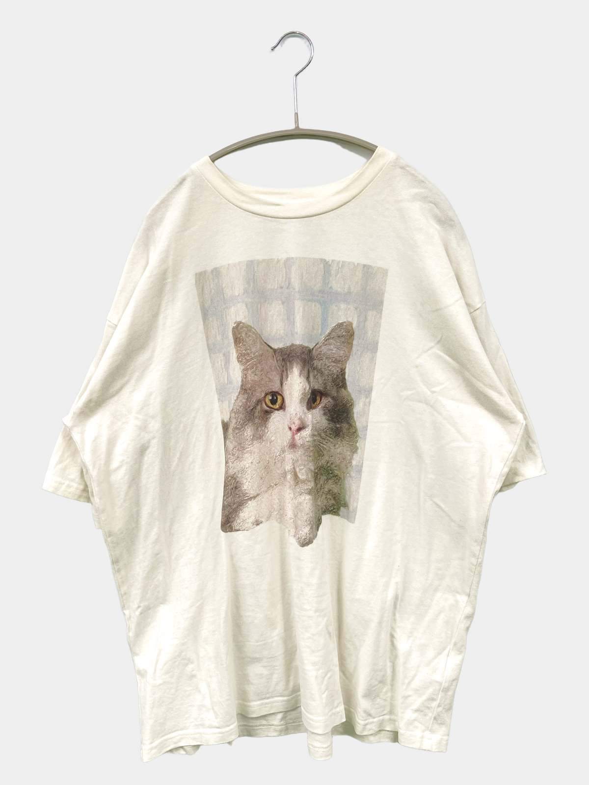 【中古】merry jenny メリージェニー Tシャツ/カットソー F ホワイト 無地 前面プリント ミドル丈 半端袖 クルーネック(丸首) レディース