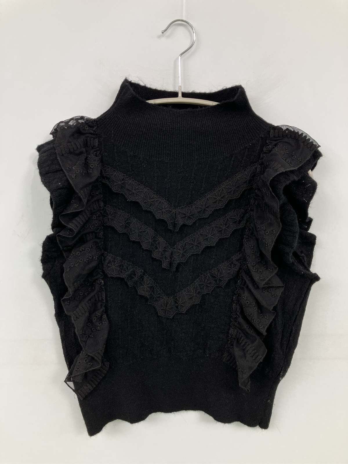 【中古】ZARA ザラ ニット/セーター USA M ブラック ニット フリル ミドル丈 袖なし タートルネック/ハイネック レディース