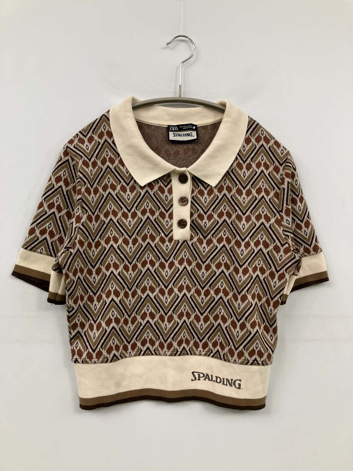 【中古】ZARA × SPALDING ザラスパルディング ニット/セーター USA S ブラウン コットン ニット その他総柄 ショート丈 半袖 ブランドロゴ レディース