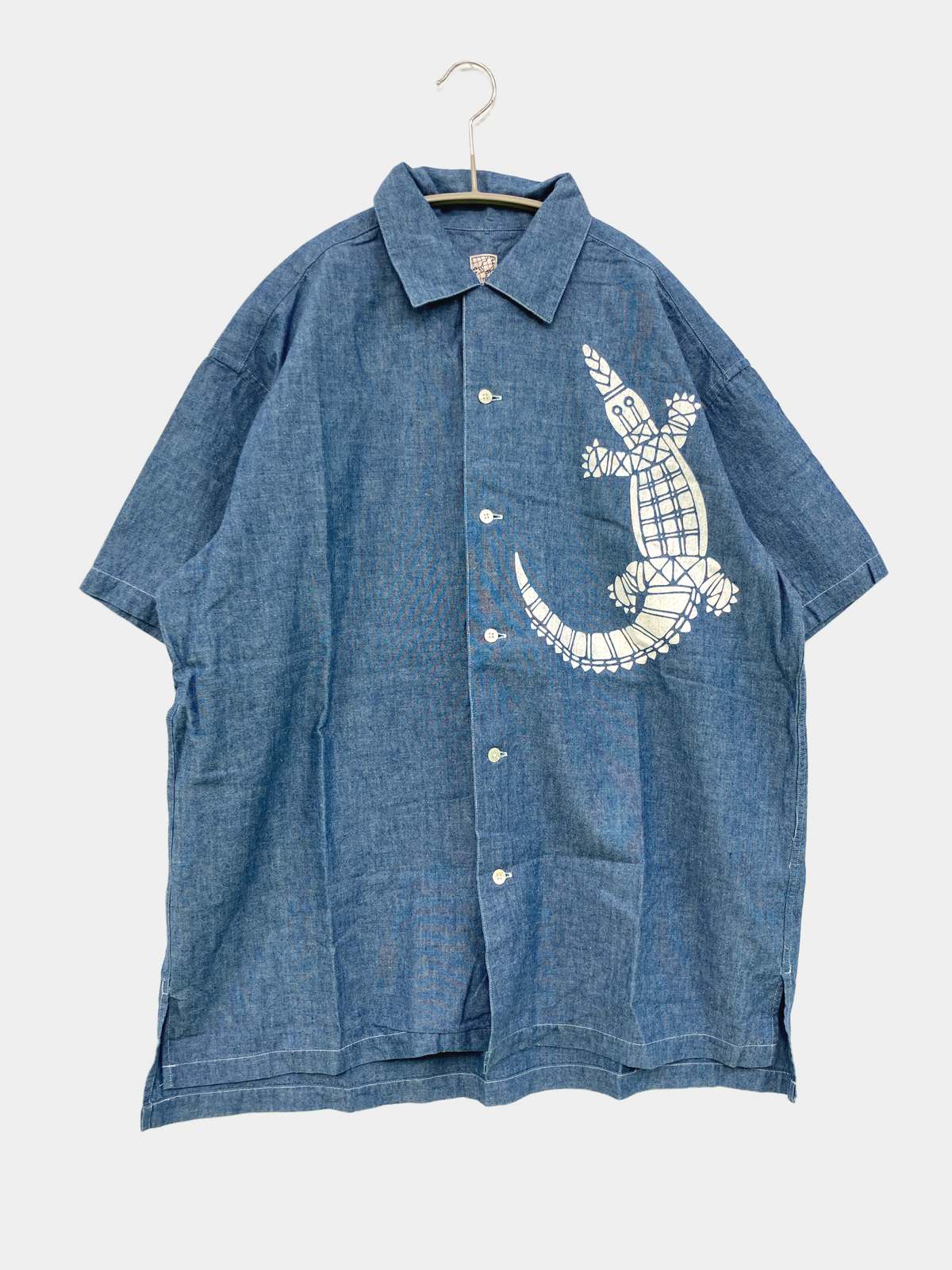 【中古】JUNKO SHIMADA シャツ/ブラウス M ブルー コットン 無地 前面プリント ミドル丈 半袖 レギュラーカラー メンズ