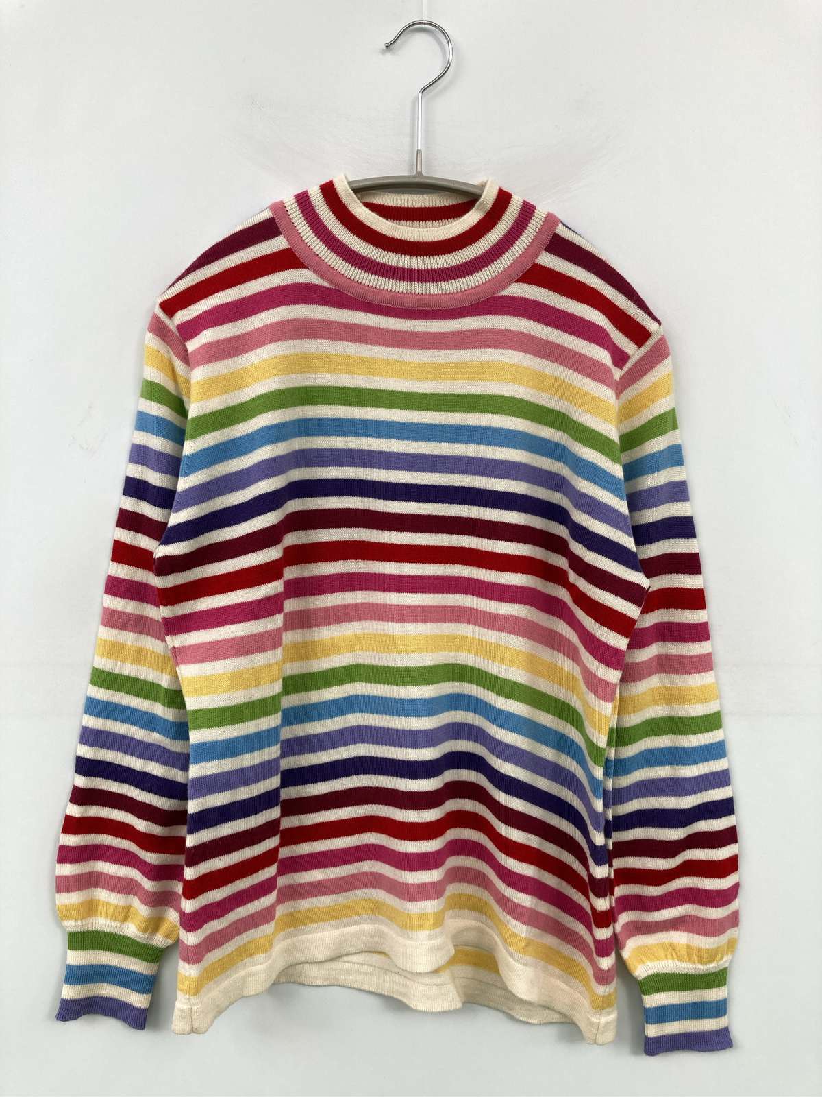 【中古】Floralia ニット/セーター レッド ウール・ニット ボーダー柄 ミドル丈 長袖 タートルネック/ハイネック レディース