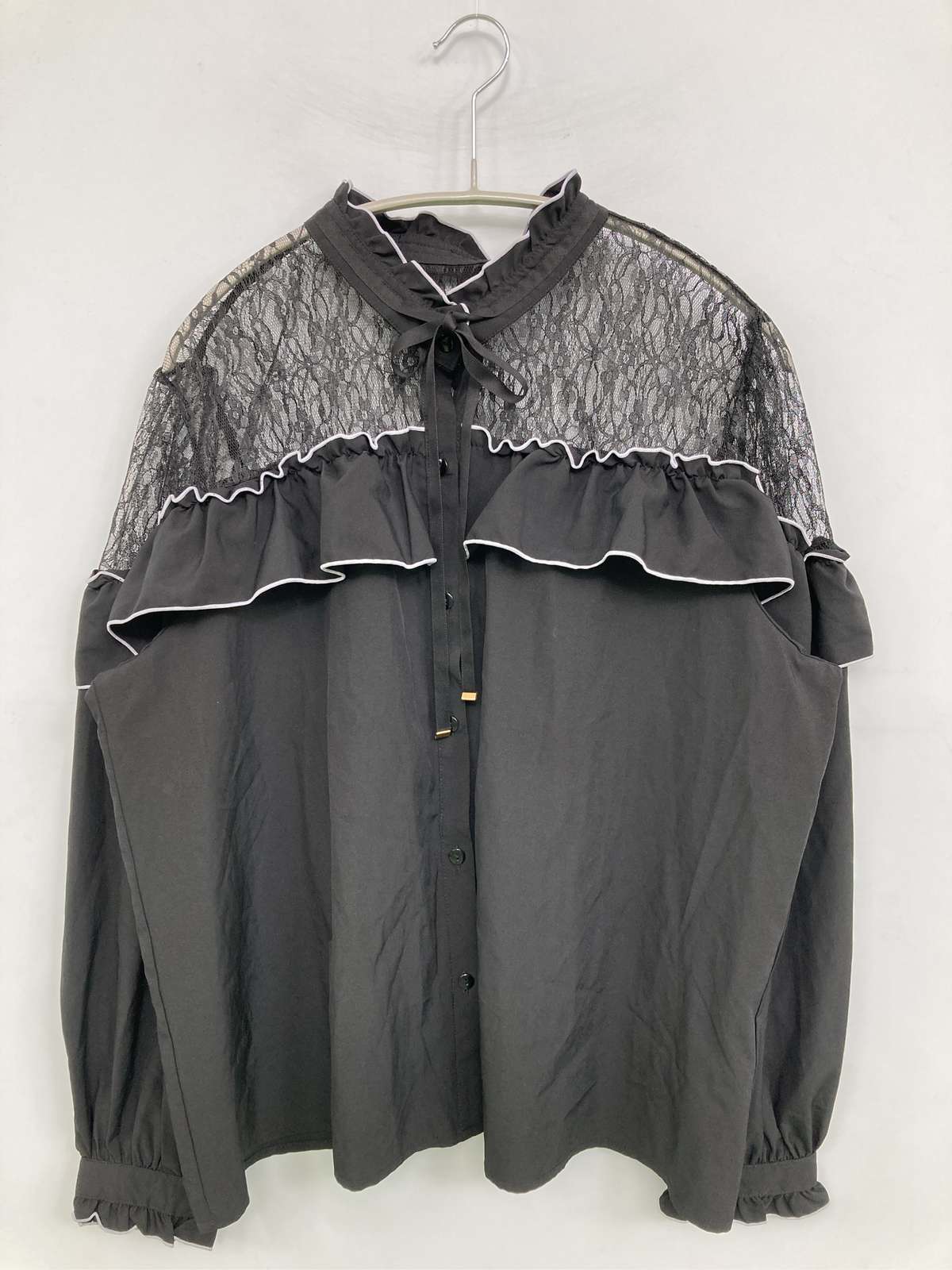 【中古】majoretty シャツ/ブラウス 4L ブラック 無地 ミドル丈 長袖 スタンドカラー レース レディース