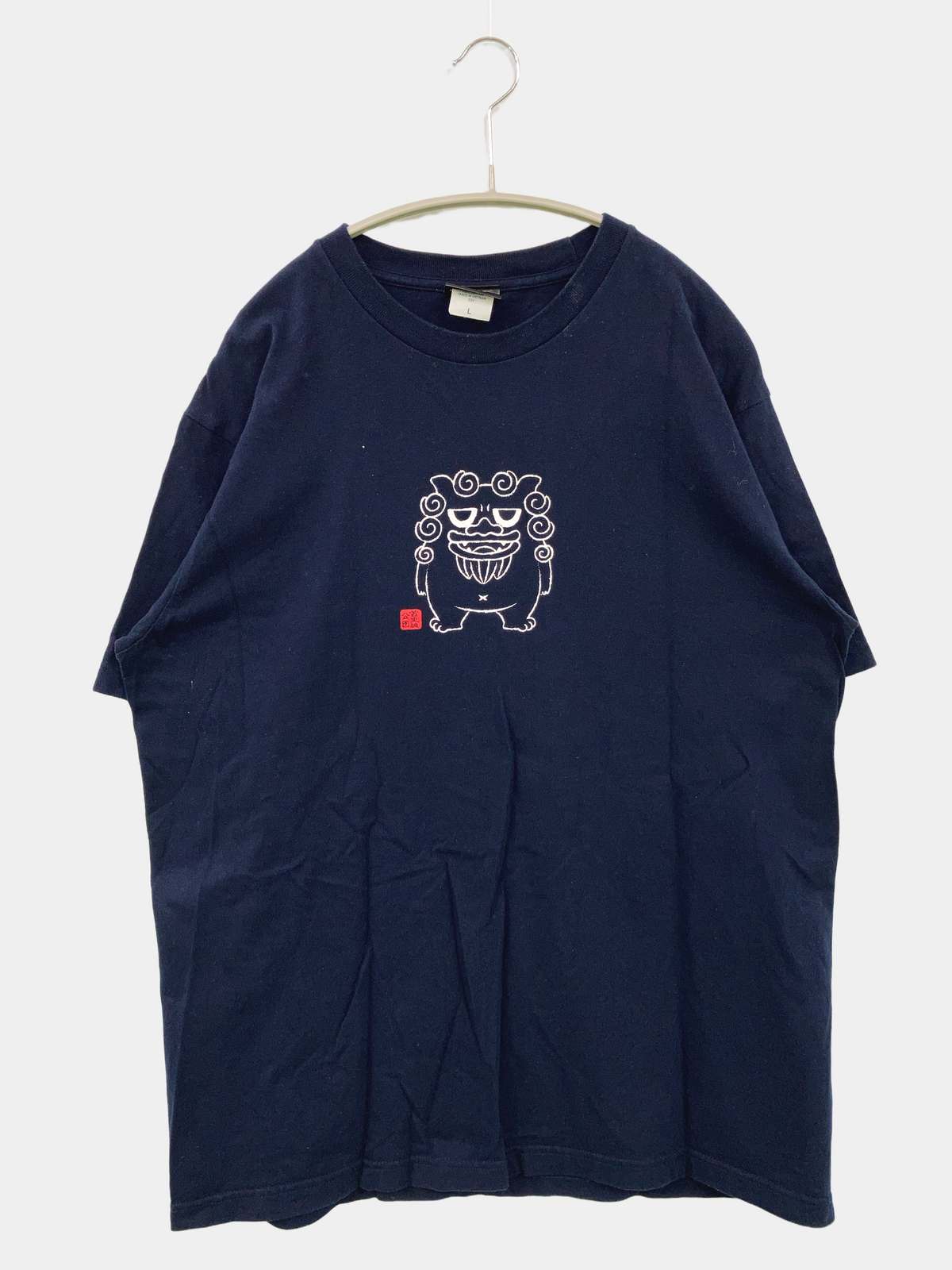 【中古】首里城公園 Tシャツ/カットソー L ネイビー 無地 ワンポイント バックプリント ミドル丈 半袖 クルーネック(丸首) メンズ