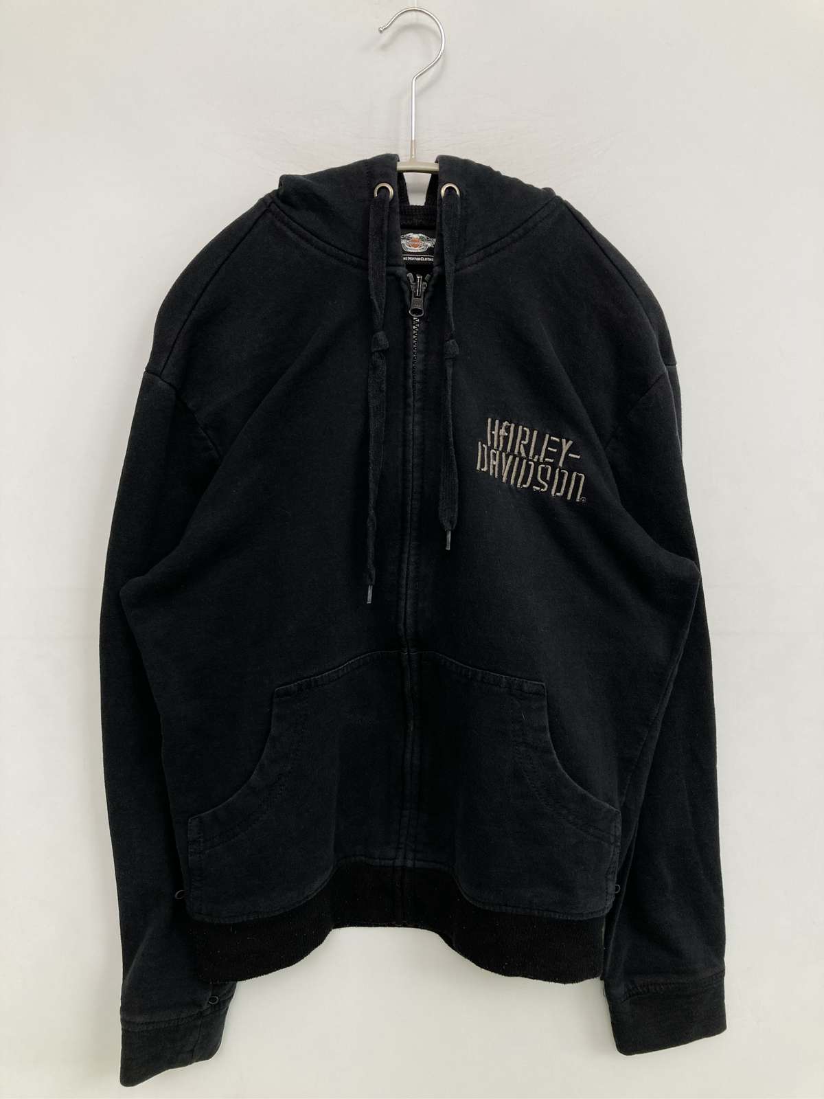 【中古】HARLEY-DAVIDSON ハーレーダビッドソン パーカー S ブラック コットン 裏起毛 無地 ブランドロゴ 刺繍 ジップアップ 長袖 メンズ レディース