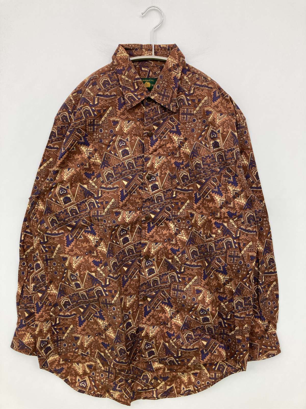 【中古】Fish Hawk シャツ/ブラウス LARGE ブラウン コットン その他総柄 ミドル丈 長袖 レギュラーカラー メンズ ブランド古着