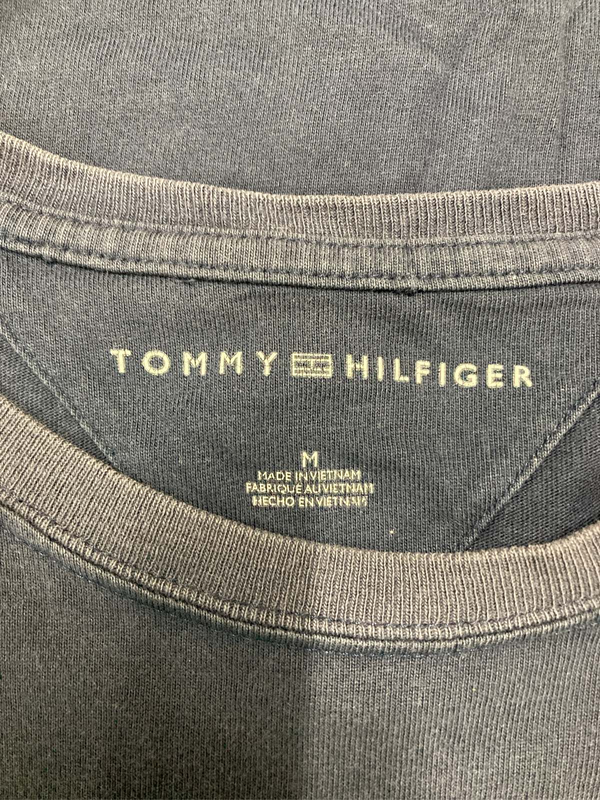 【中古】TOMMY HILFIGER トミーヒルフィガー Tシャツ/カットソー M ネイビー 前面プリント ブランドロゴ ライン柄 ミドル丈 半袖 クルーネック(丸首) メンズ