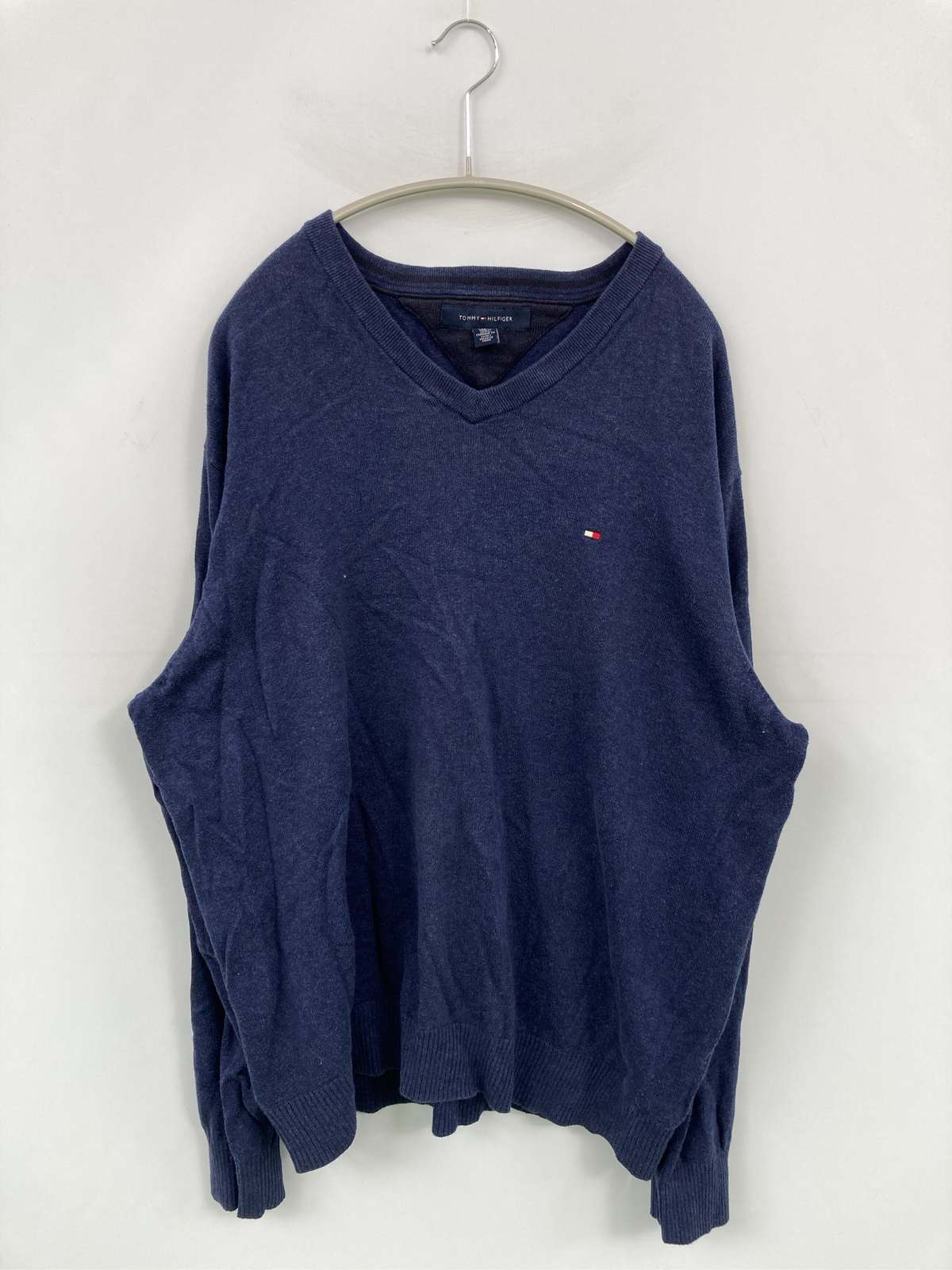 【中古】TOMMY HILFIGER トミーヒルフィガー ニット/セーター XG ネイビー コットン 無地 ワンポイント ブランドロゴ ミドル丈 長袖 Vネック レディース