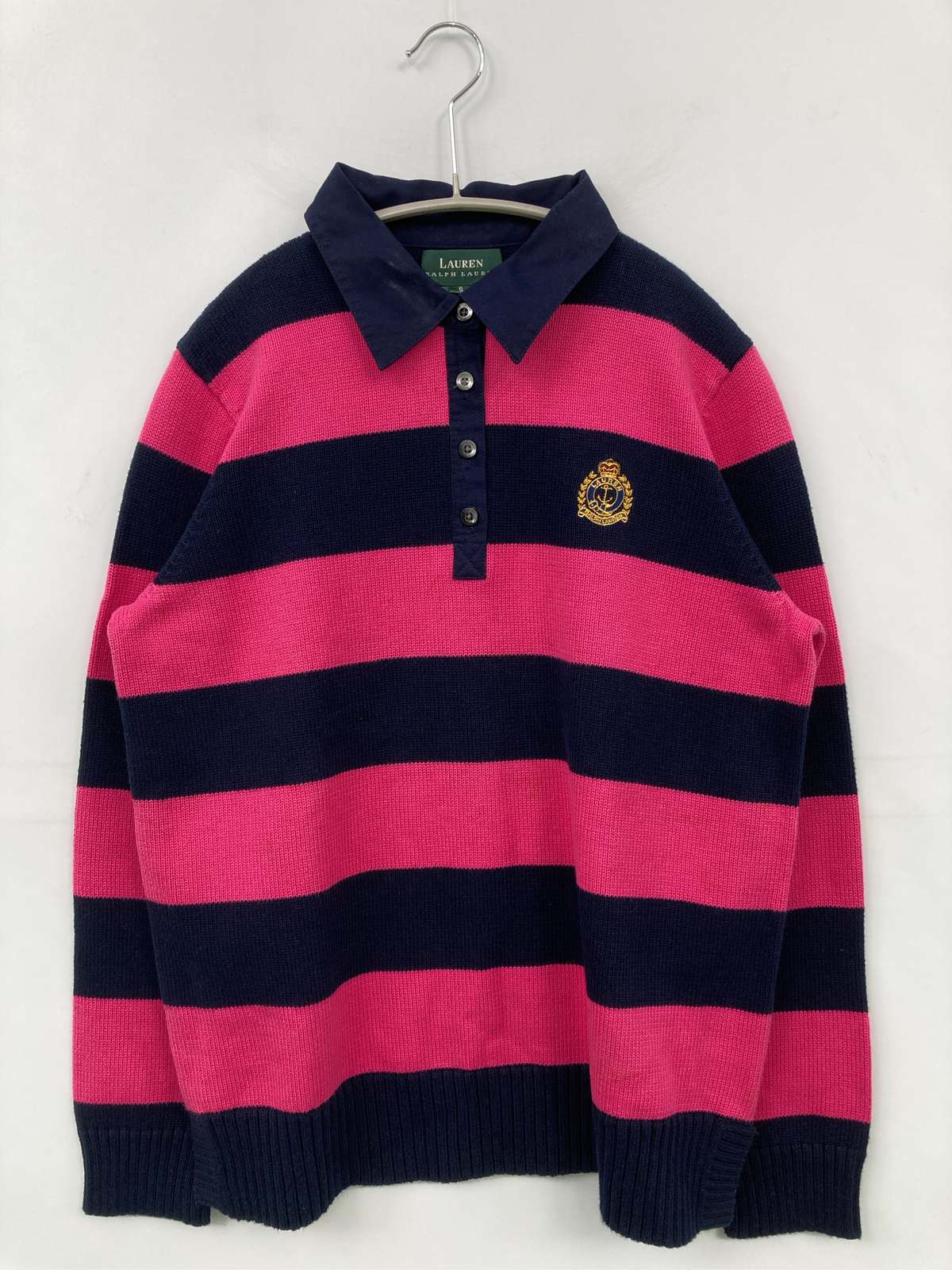 【中古】Ralph Lauren ラルフローレン ニット/セーター S ピンク コットン ボーダー柄 ワンポイント 刺繍 ミドル丈 長袖 レディース