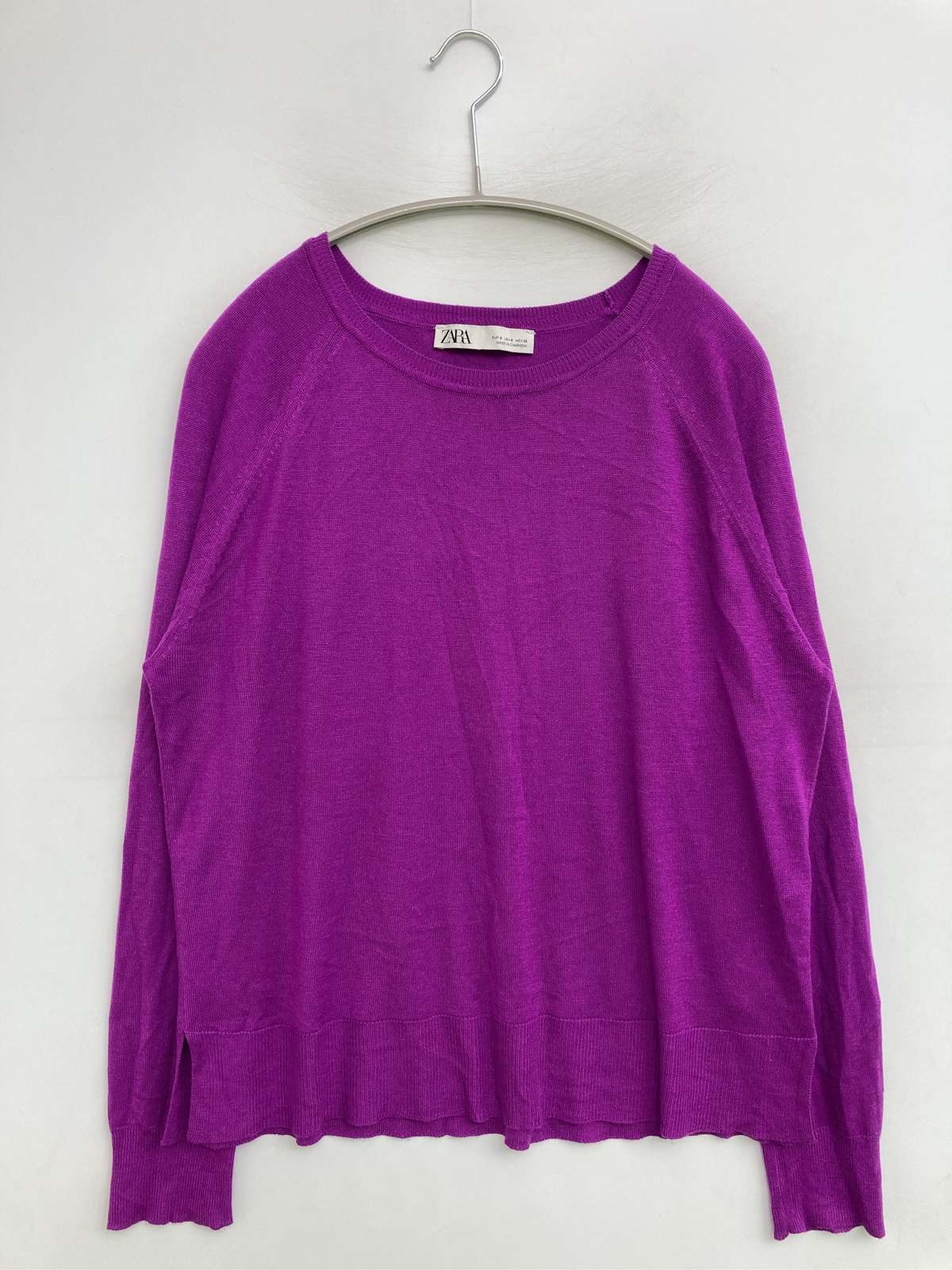 【中古】ZARA ザラ ニット/セーター USA S パープル ニット 無地 ミドル丈 長袖 クルーネック(丸首) レディース