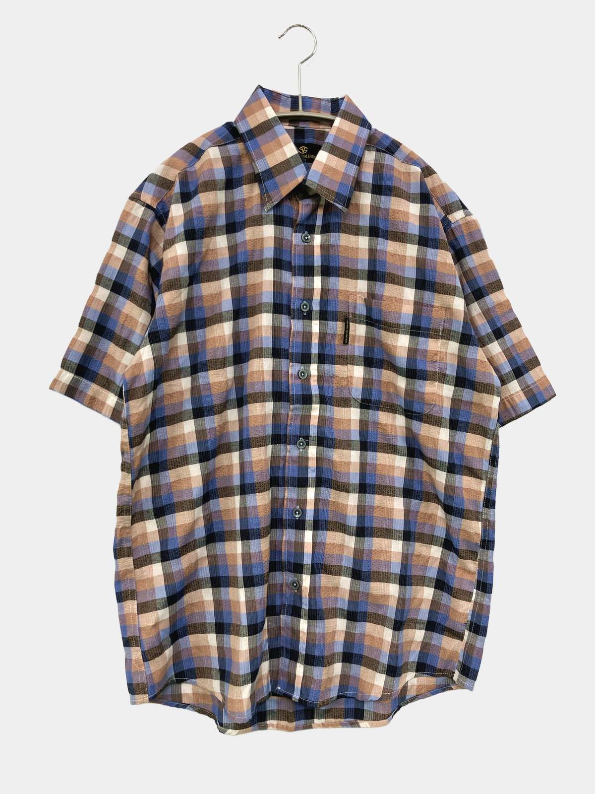 【中古】SABLINA VALENTINO シャツ/ブラウス M ブルー コットン チェック柄 ミドル丈 半袖 レギュラーカラー ワンポイント メンズ