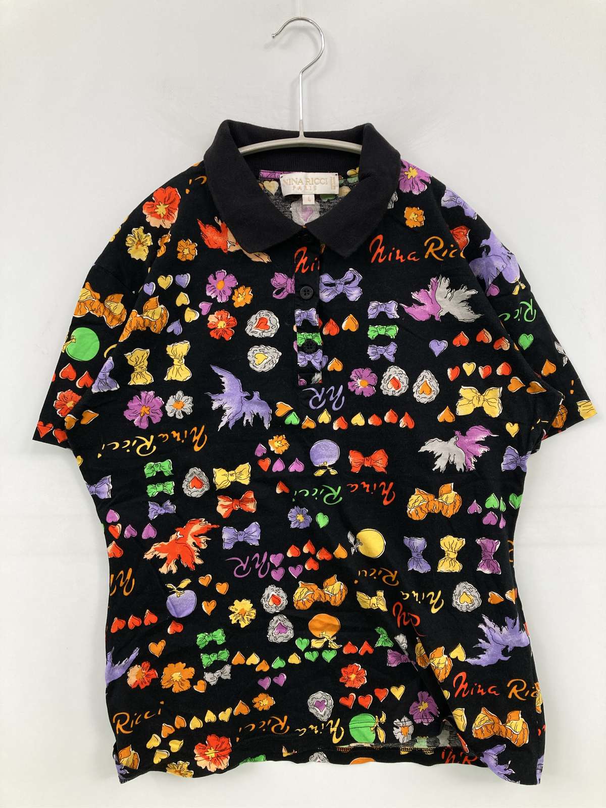 【中古】NINA RICCI ニナリッチ ポロシャツ 4 ブラック 花柄・ボタニカル柄 ブランドロゴ その他総柄 半袖 レディース