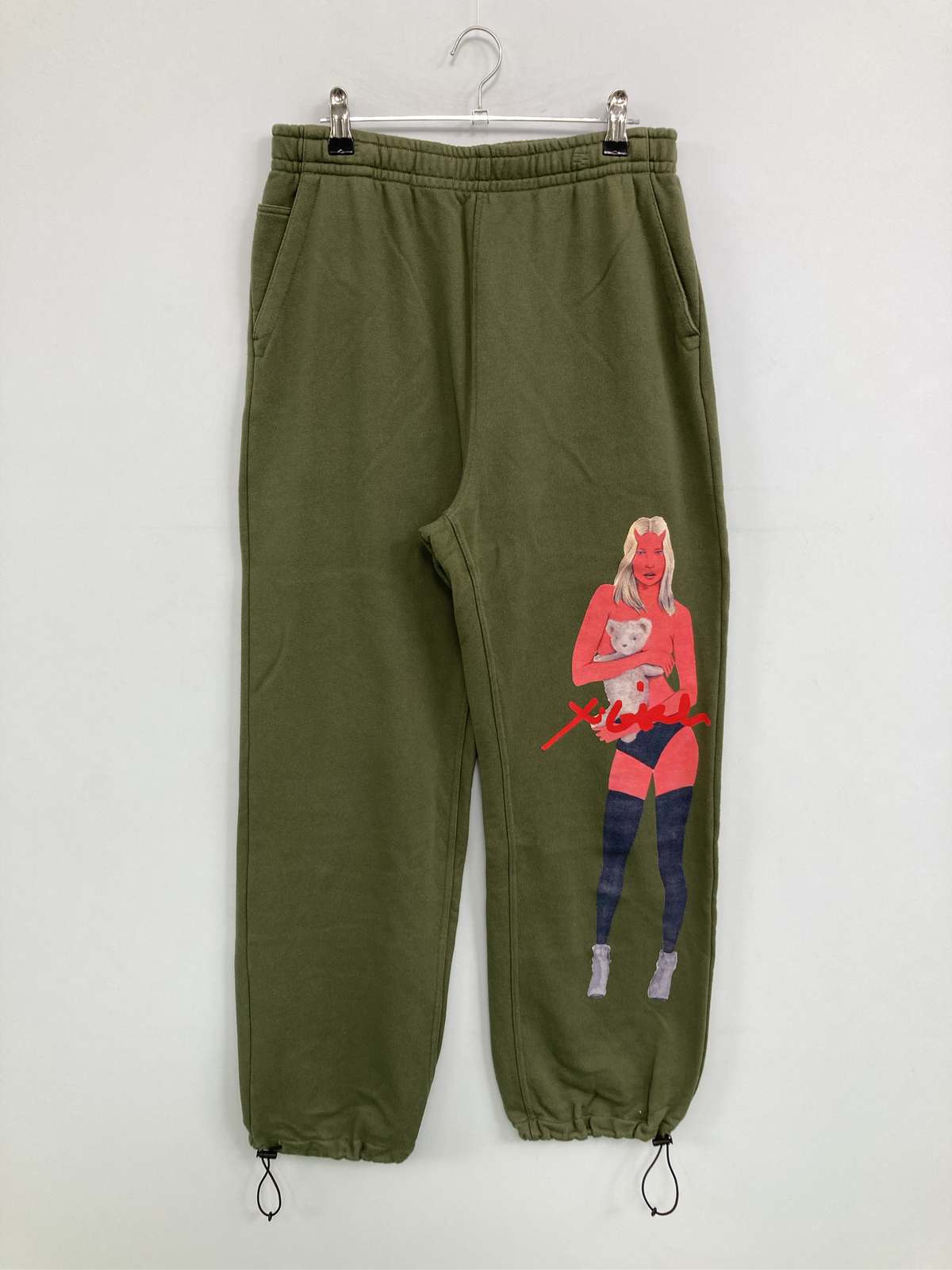 【中古】X-GIRL エックスガール スウェットパンツ L カーキ 無地 前面プリント ワイド・ルーズ ハイウエスト ウエストゴム・紐 レディース