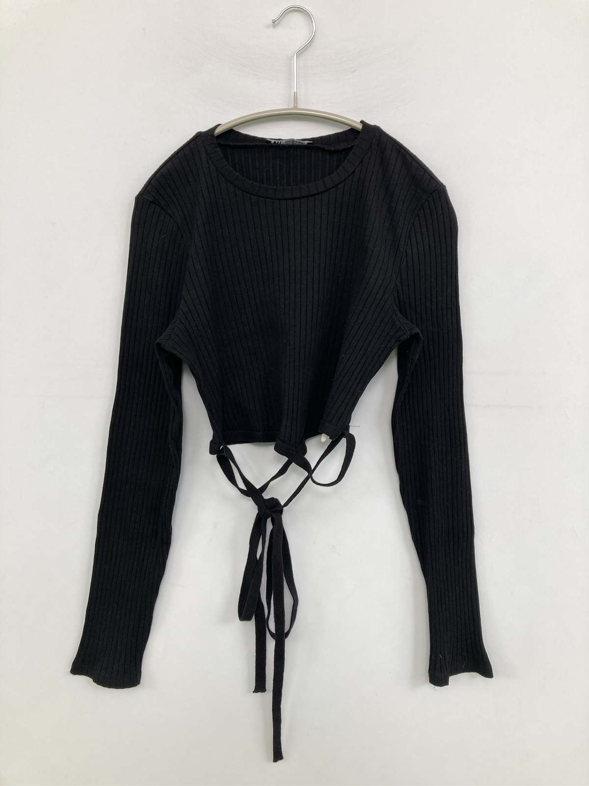 【中古】ZARA ザラ ニット/セーター USA L ブラック コットン ストレッチ 無地 リボン ショート丈 長袖 クルーネック(丸首) レディース